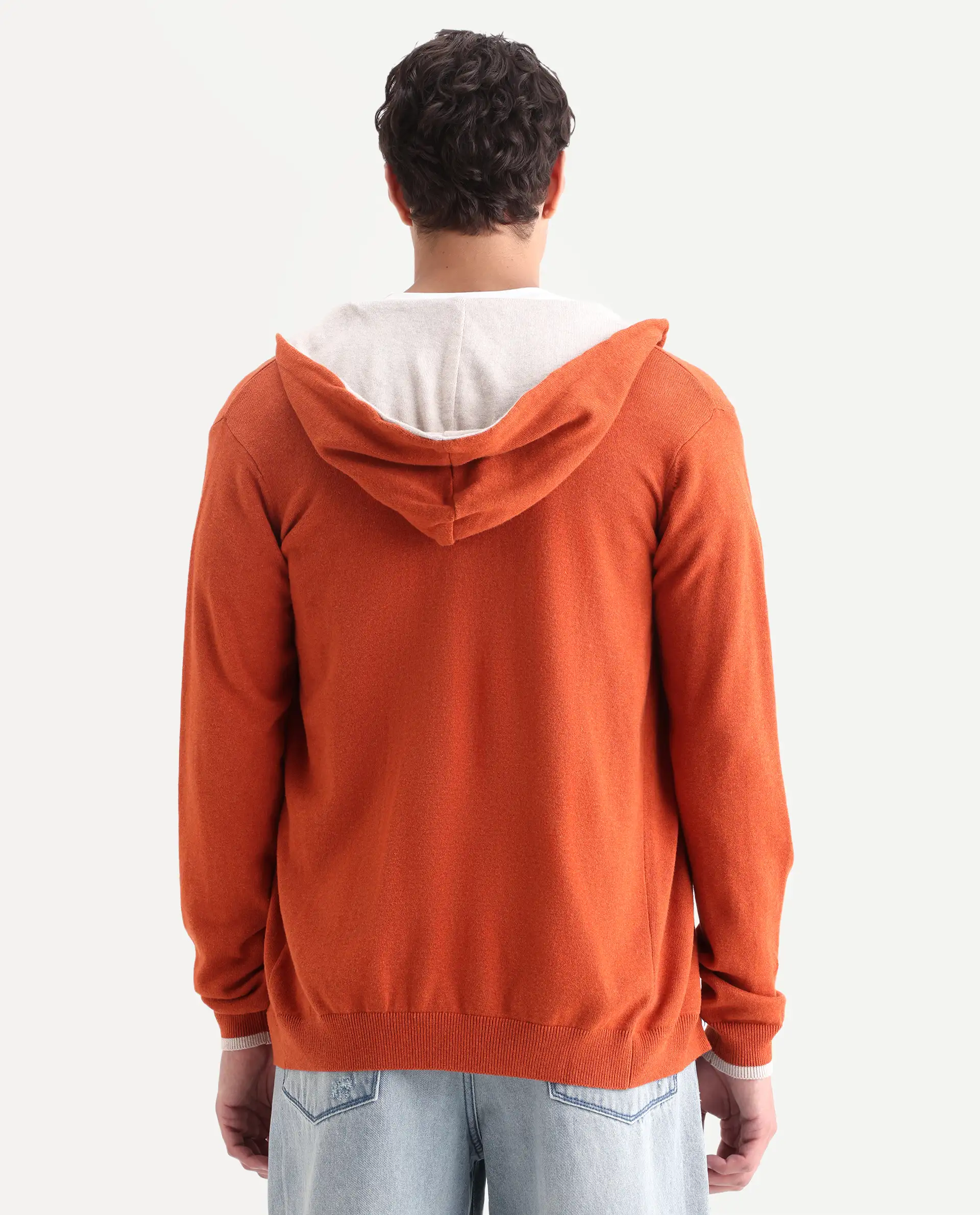 Rare Rabbit Men's Pisa Orange Cotton Plain Relaxed Fit Full Sleeve Hooded Sweater - Image 7