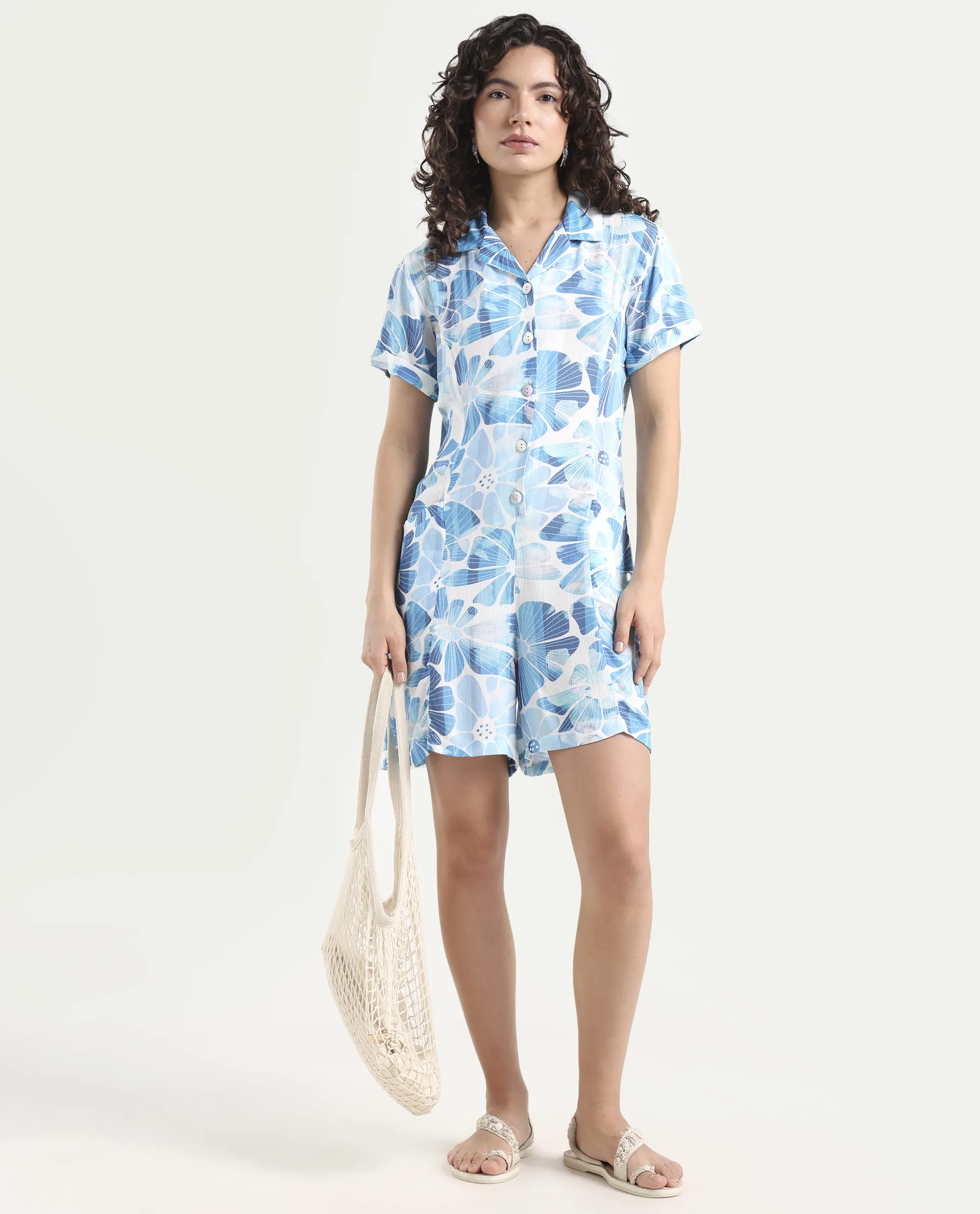 Rareism Women's Pisa Light Blue Rayon Lapel Neck Floral Print Knee Length Regular Fit Dress - Image 2