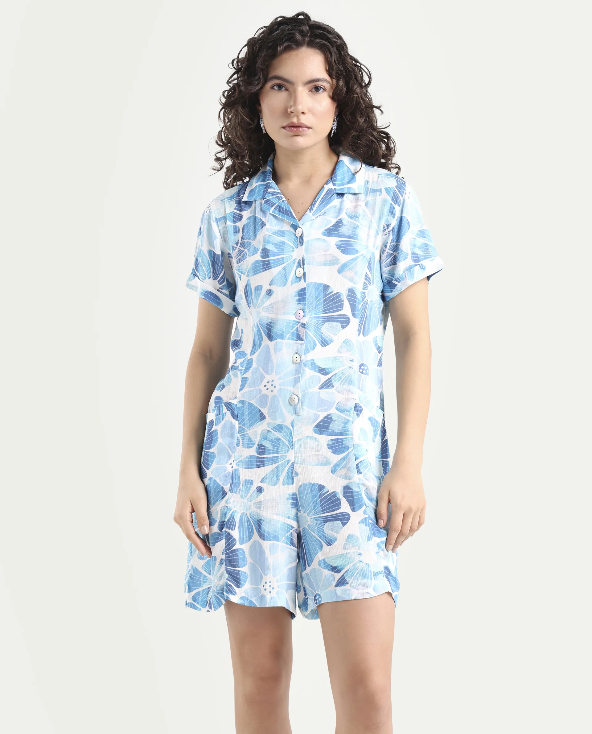 Rareism Women's Pisa Light Blue Rayon Lapel Neck Floral Print Knee Length Regular Fit Dress - Image 3