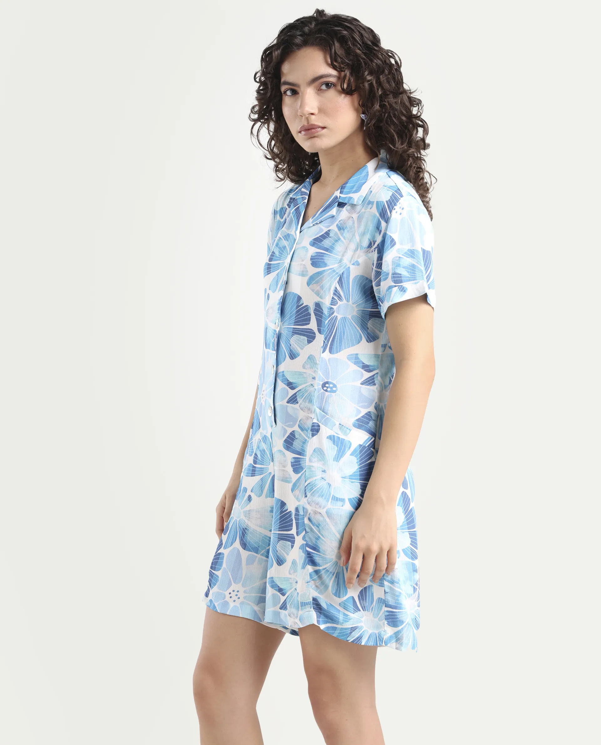 Rareism Women's Pisa Light Blue Rayon Lapel Neck Floral Print Knee Length Regular Fit Dress - Image 5