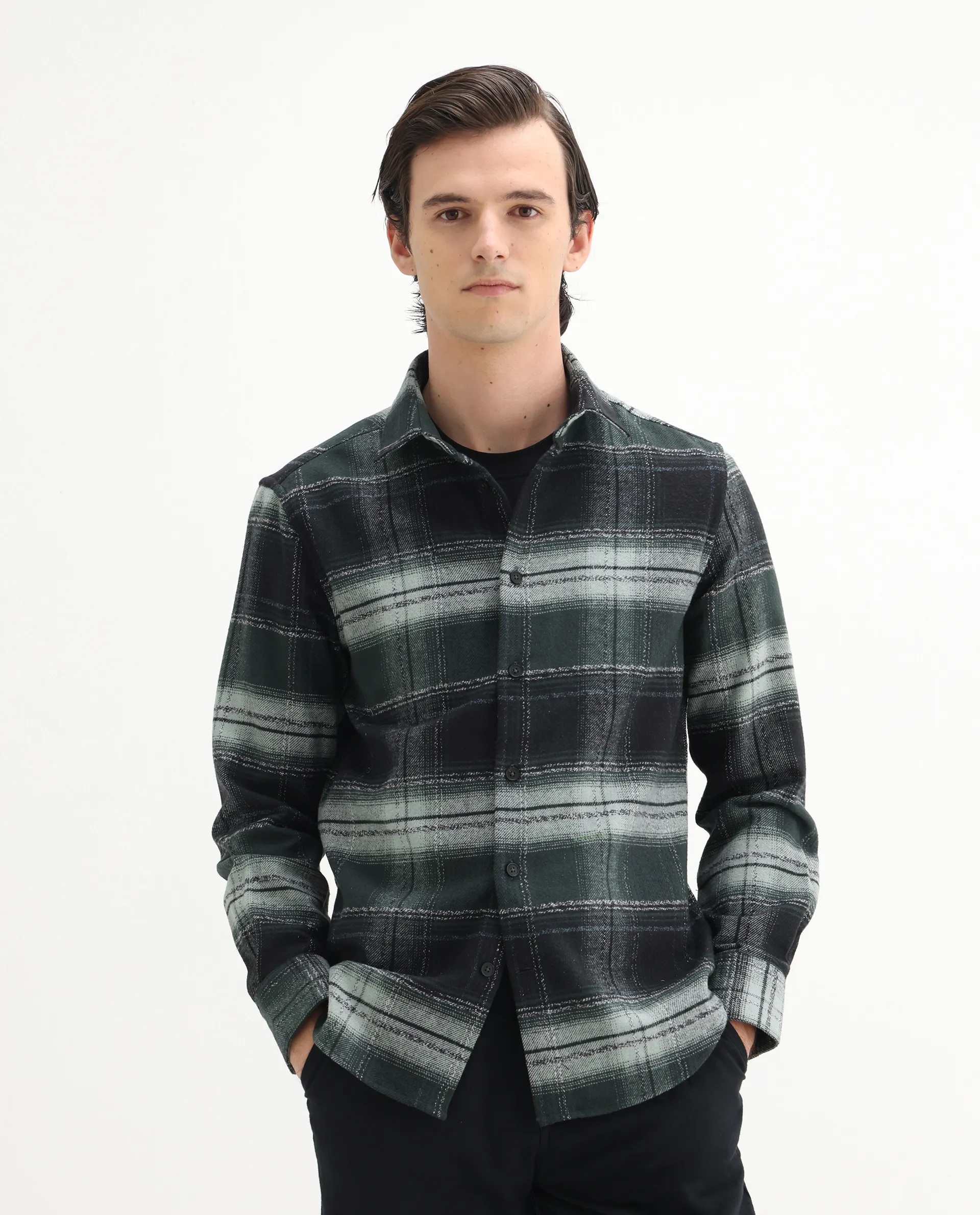 Rare Rabbit Men's Piter Green Cotton Blend Checked Print Regular Fit Full Sleeve Collared Shirt - Image 4
