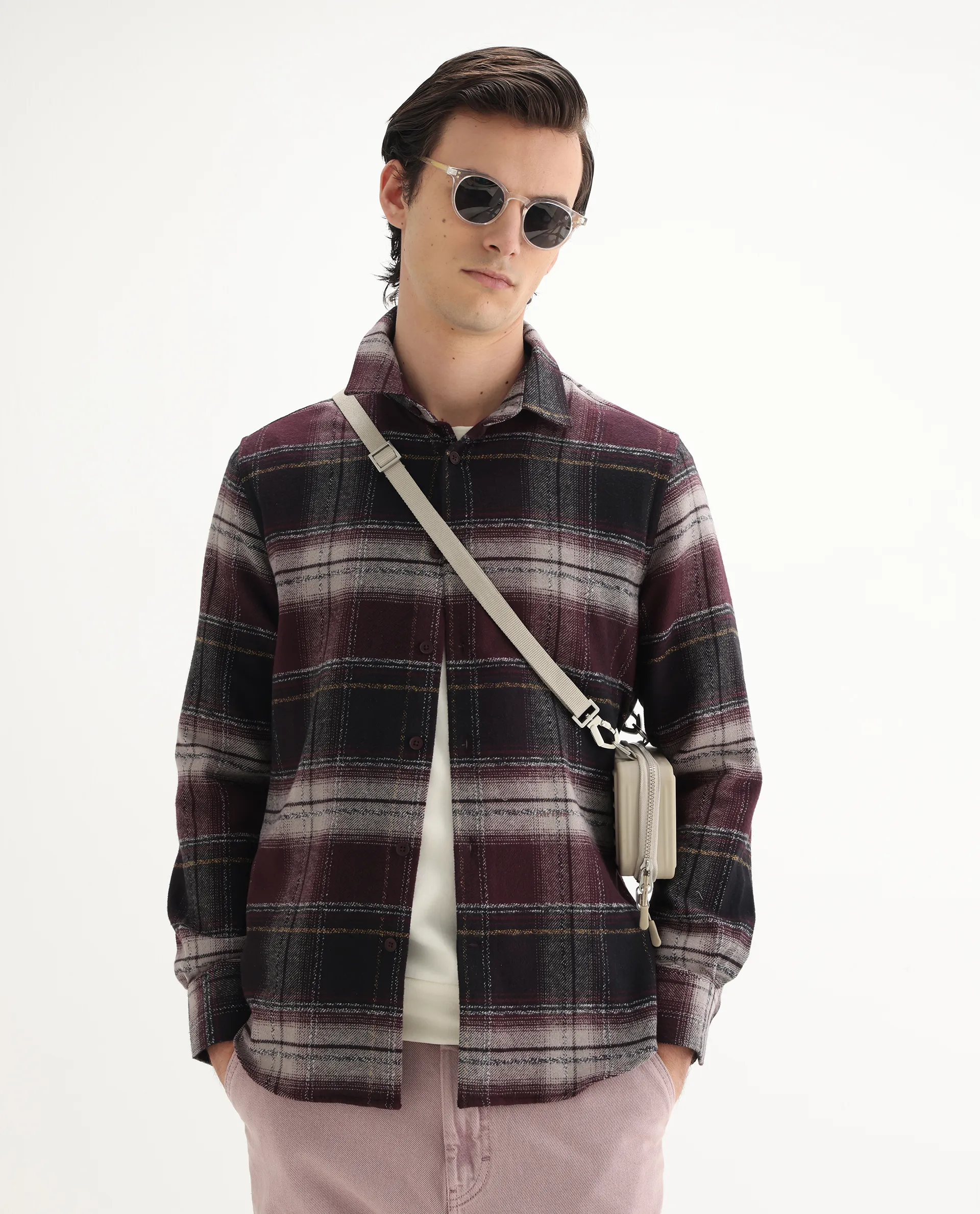 Rare Rabbit Men's Piter Maroon Cotton Blend Checked Print Regular Fit Full Sleeve Collared Shirt