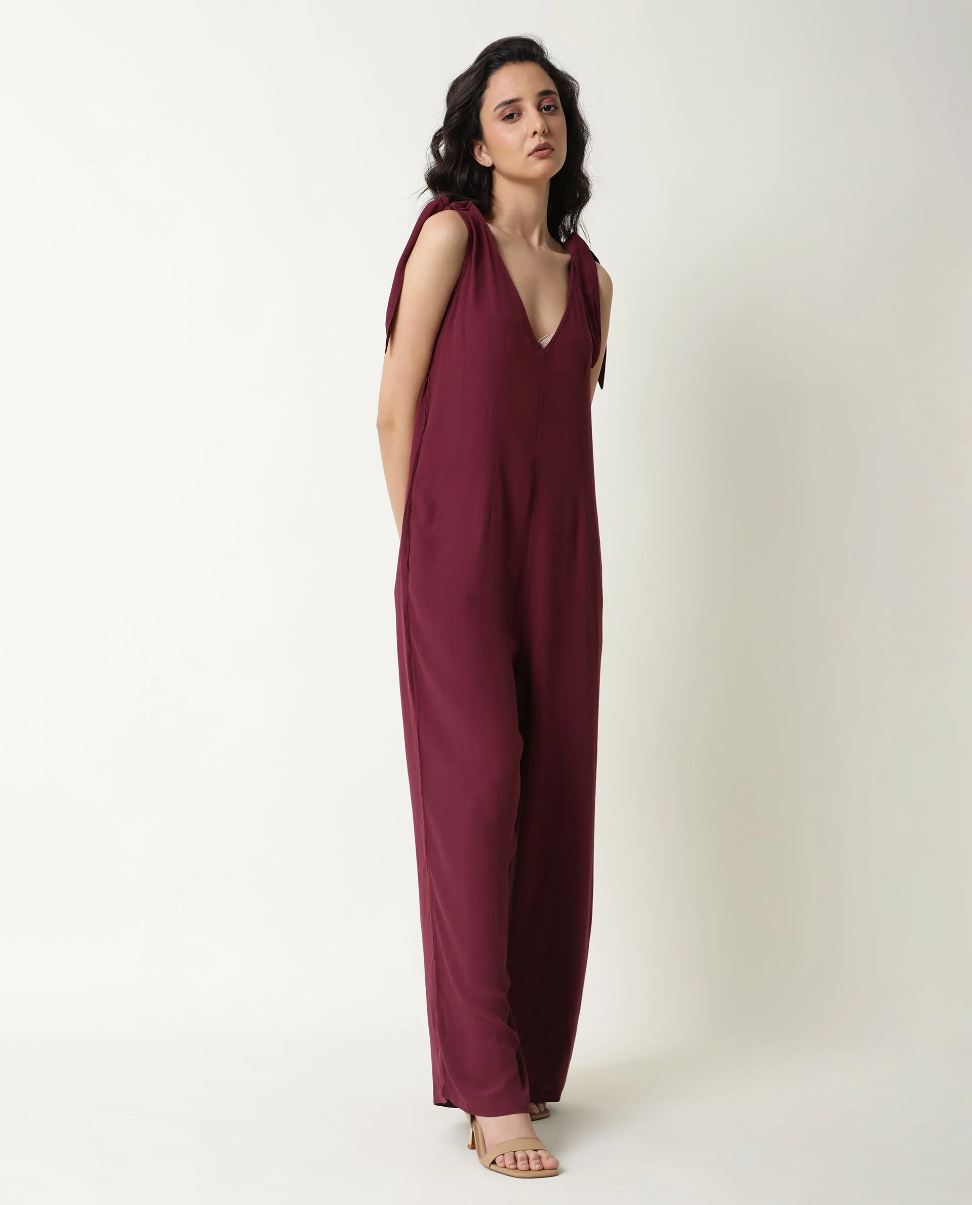 Rareism Women's Pivot Maroon Viscose V-Neck Plain Sleeveless Knee Length Tailored Jumpsuit - Image 10