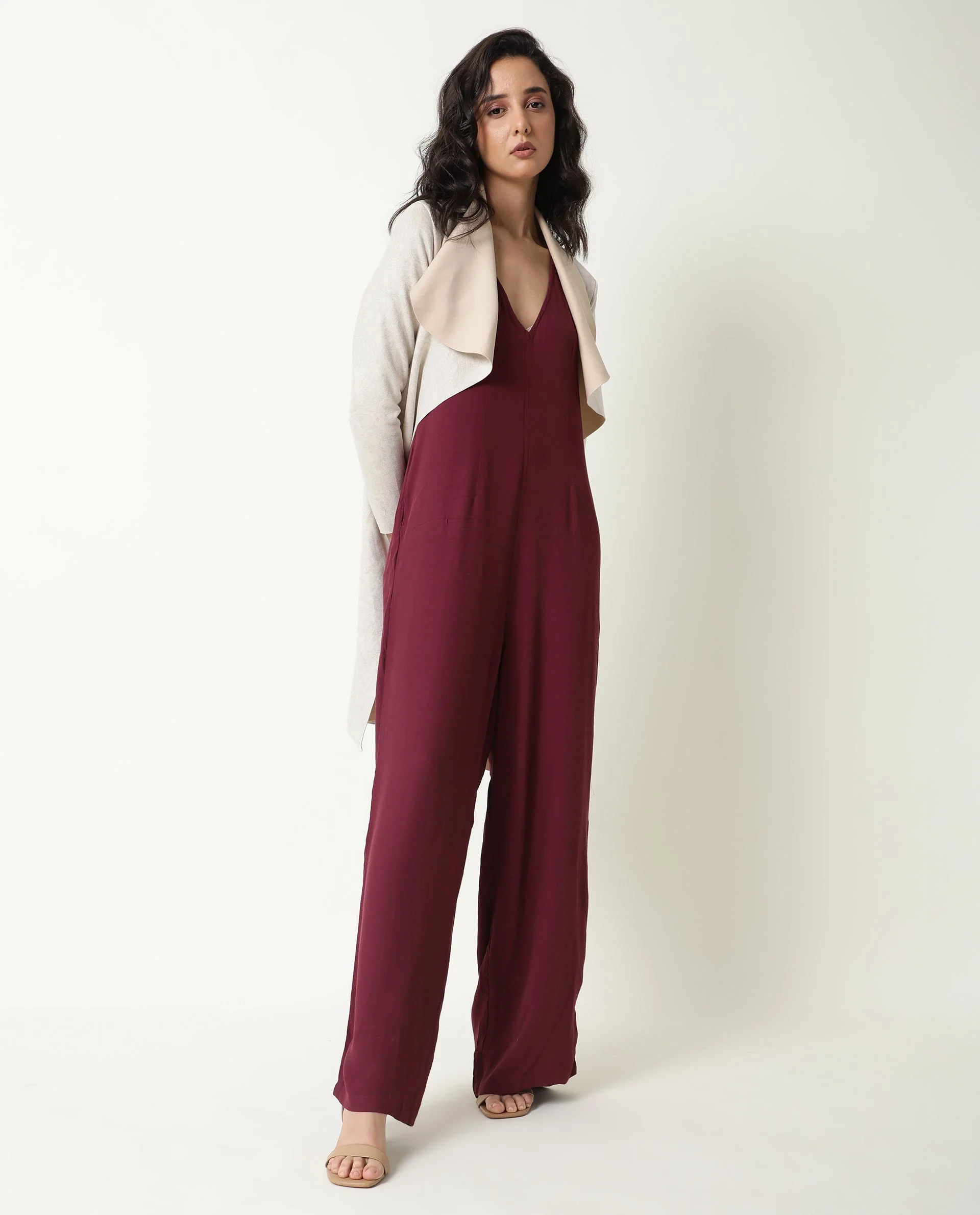 Rareism Women's Pivot Maroon Viscose V-Neck Plain Sleeveless Knee Length Tailored Jumpsuit - Image 11