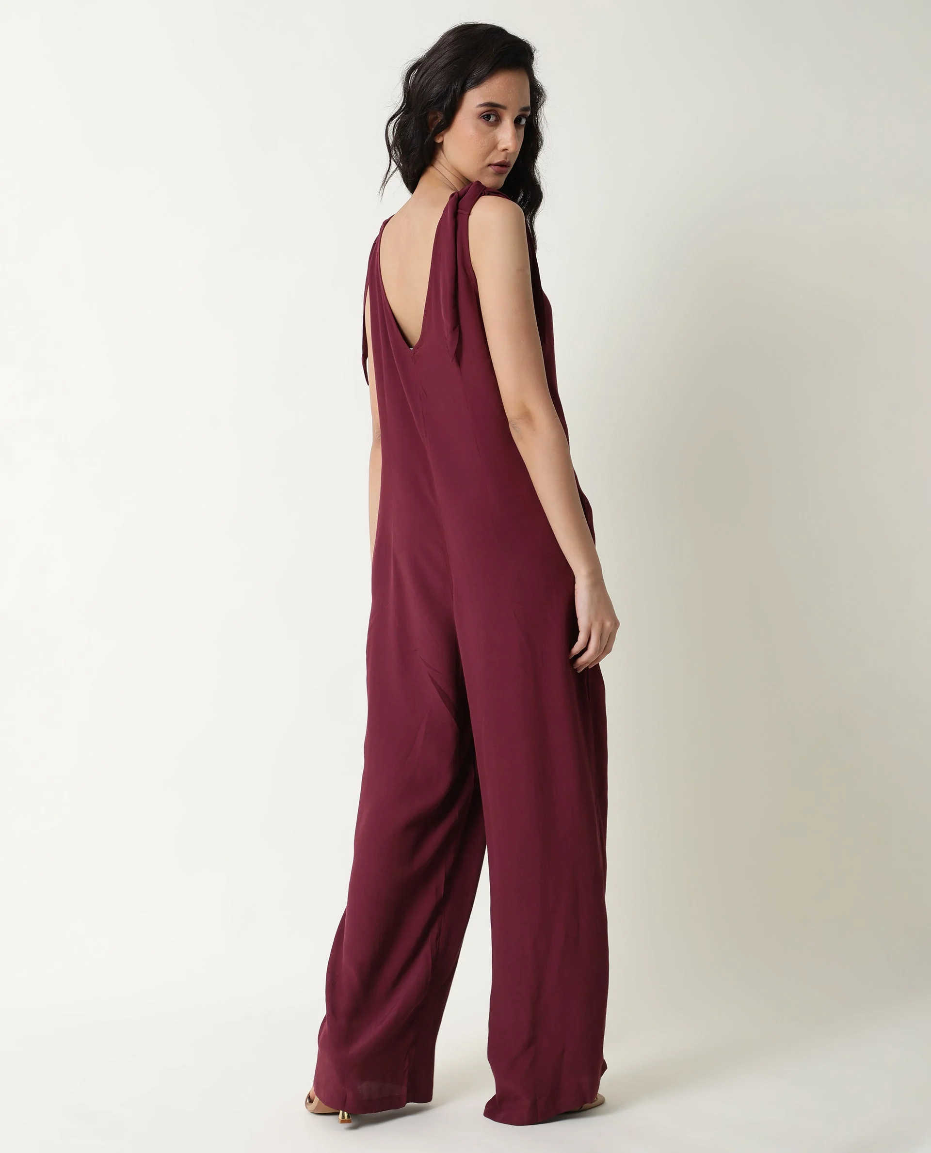 Rareism Women's Pivot Maroon Viscose V-Neck Plain Sleeveless Knee Length Tailored Jumpsuit - Image 12