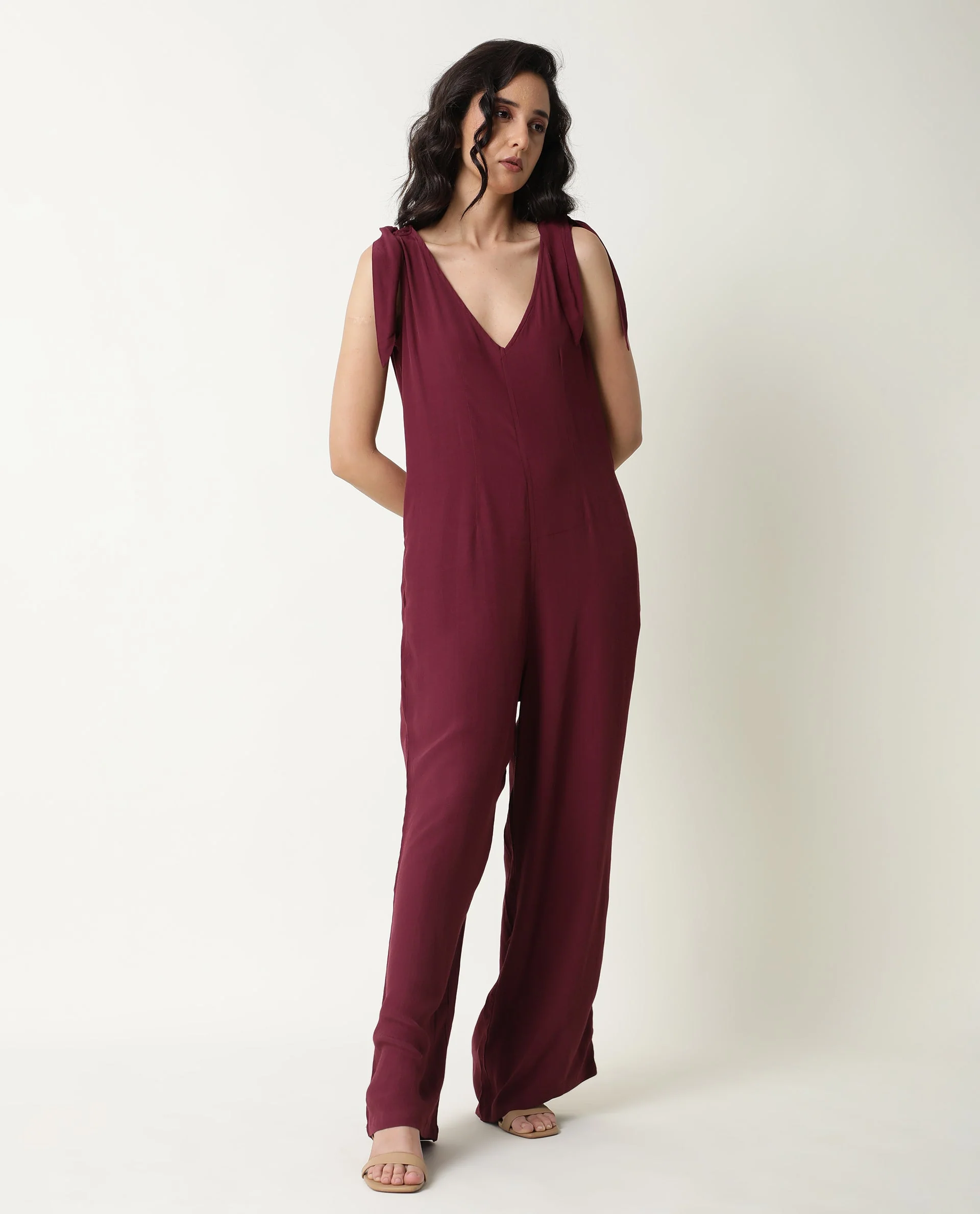 Rareism Women's Pivot Maroon Viscose V-Neck Plain Sleeveless Knee Length Tailored Jumpsuit - Image 2