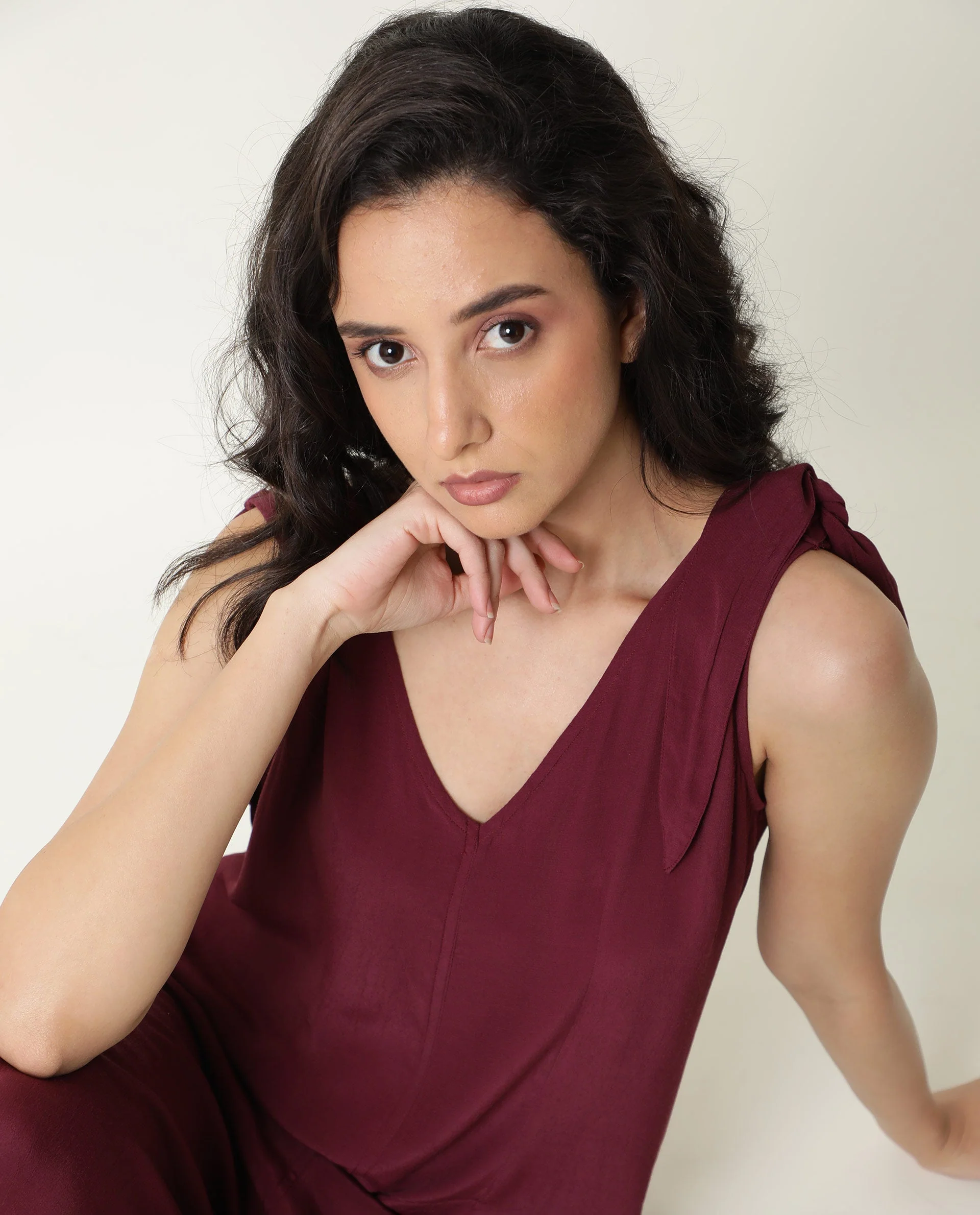 Rareism Women's Pivot Maroon Viscose V-Neck Plain Sleeveless Knee Length Tailored Jumpsuit - Image 3