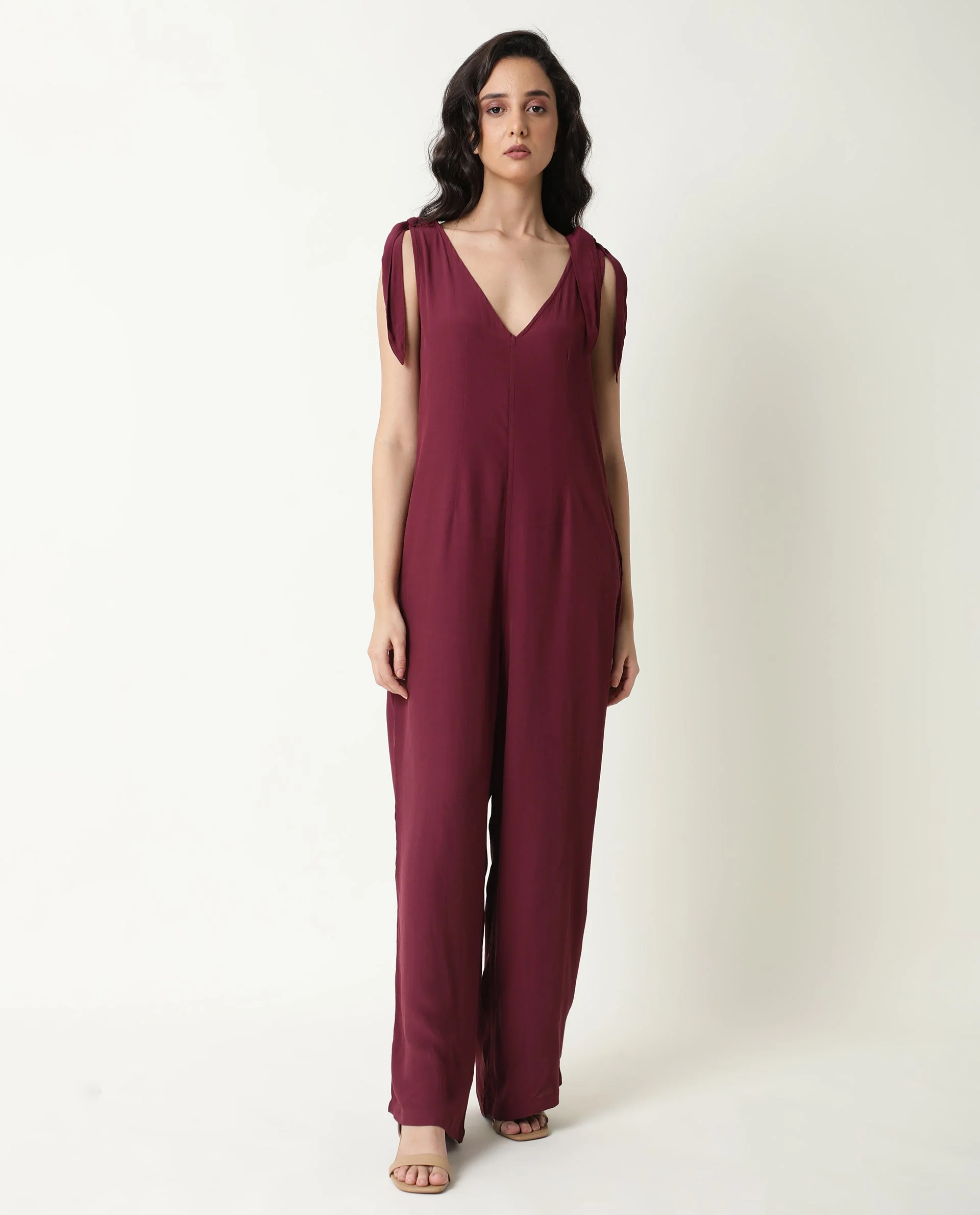 Rareism Women's Pivot Maroon Viscose V-Neck Plain Sleeveless Knee Length Tailored Jumpsuit - Image 4