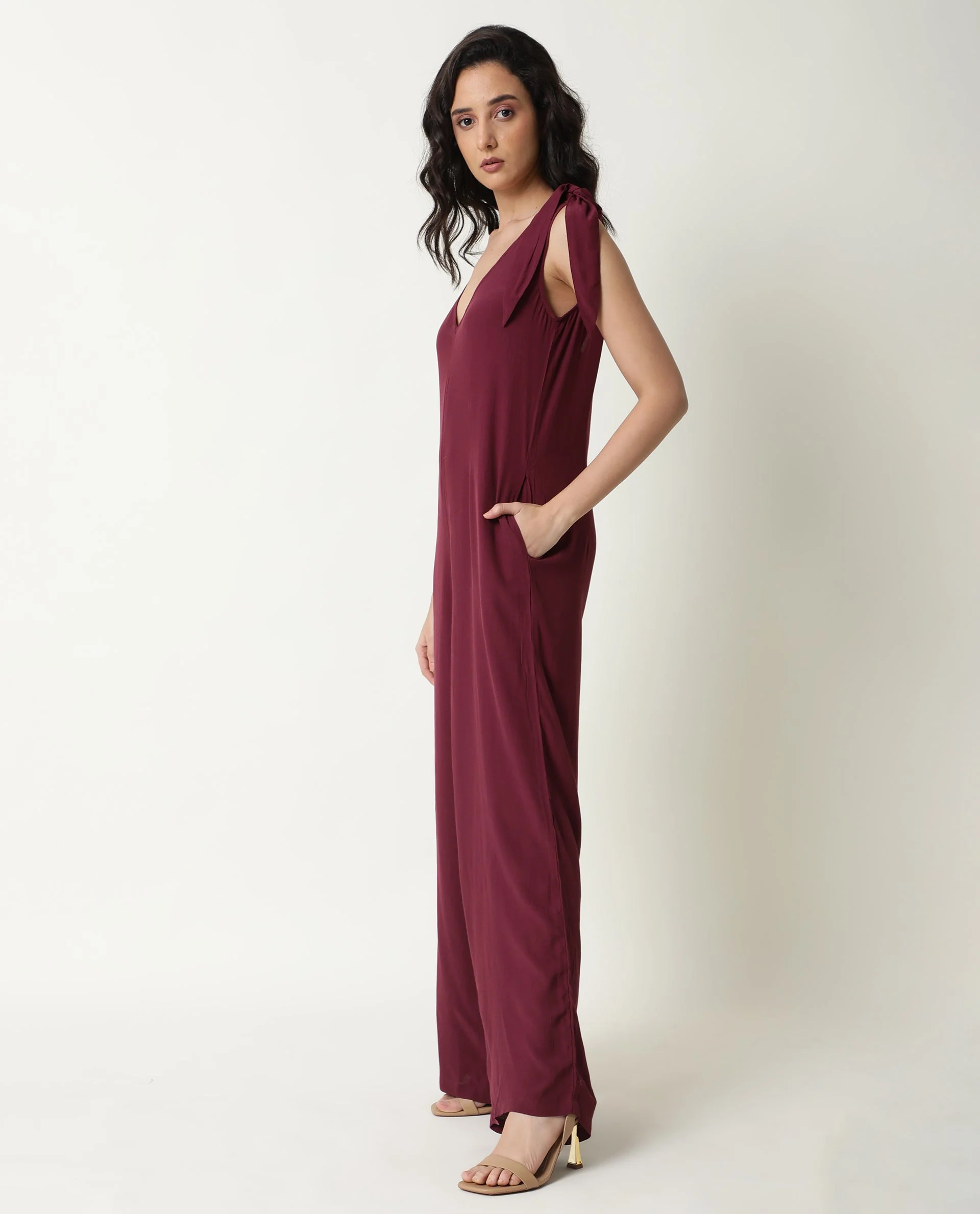 Rareism Women's Pivot Maroon Viscose V-Neck Plain Sleeveless Knee Length Tailored Jumpsuit - Image 5