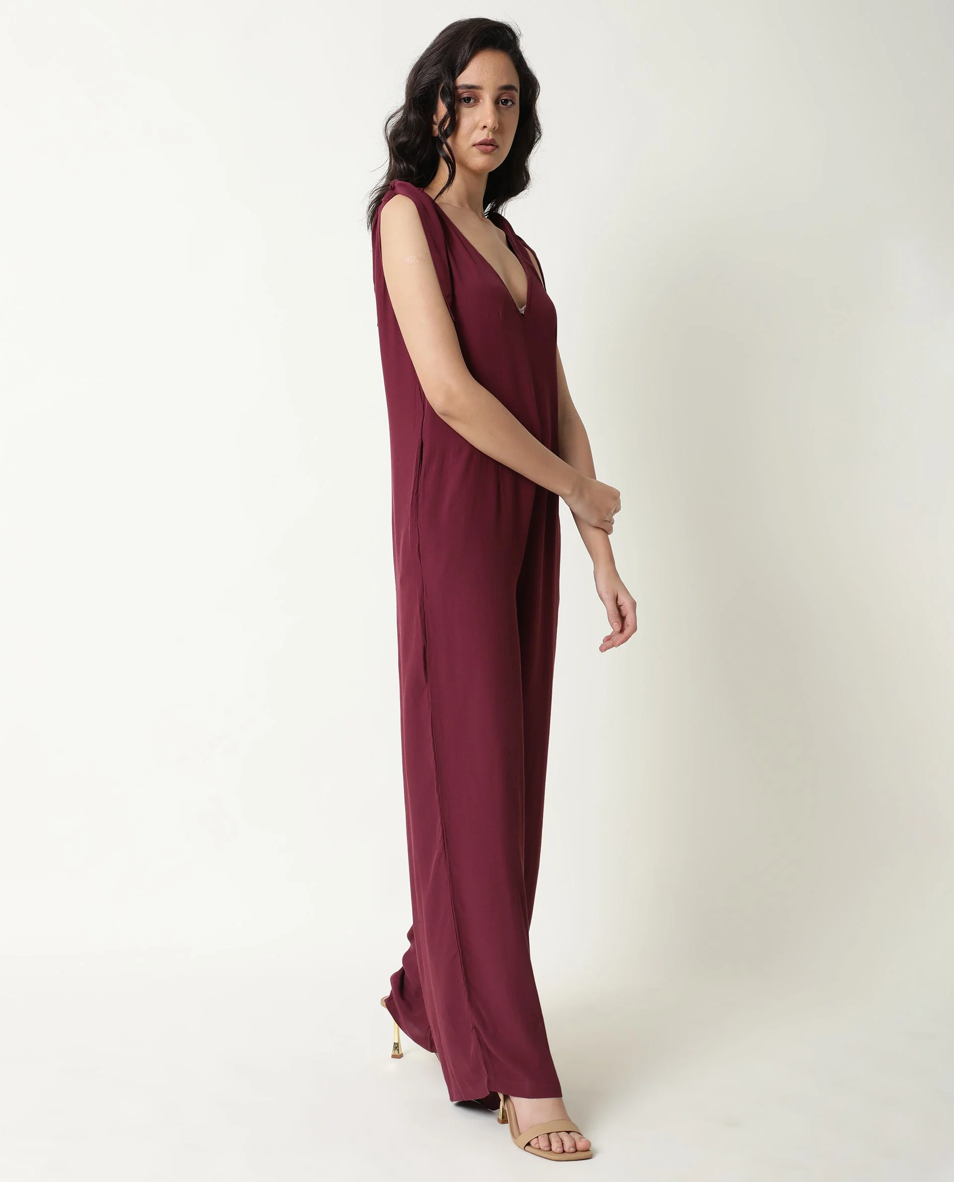Rareism Women's Pivot Maroon Viscose V-Neck Plain Sleeveless Knee Length Tailored Jumpsuit - Image 6