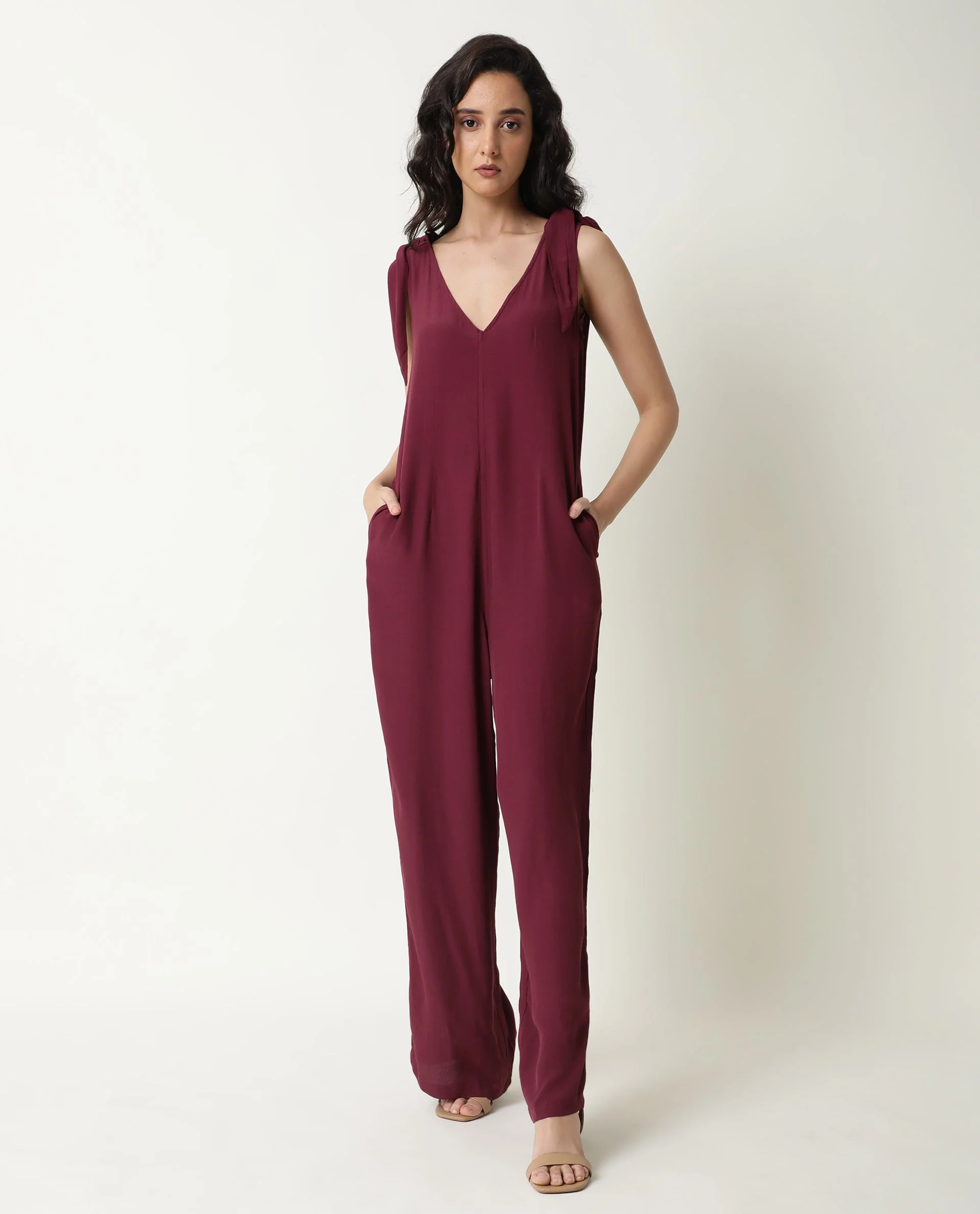Rareism Women's Pivot Maroon Viscose V-Neck Plain Sleeveless Knee Length Tailored Jumpsuit - Image 8