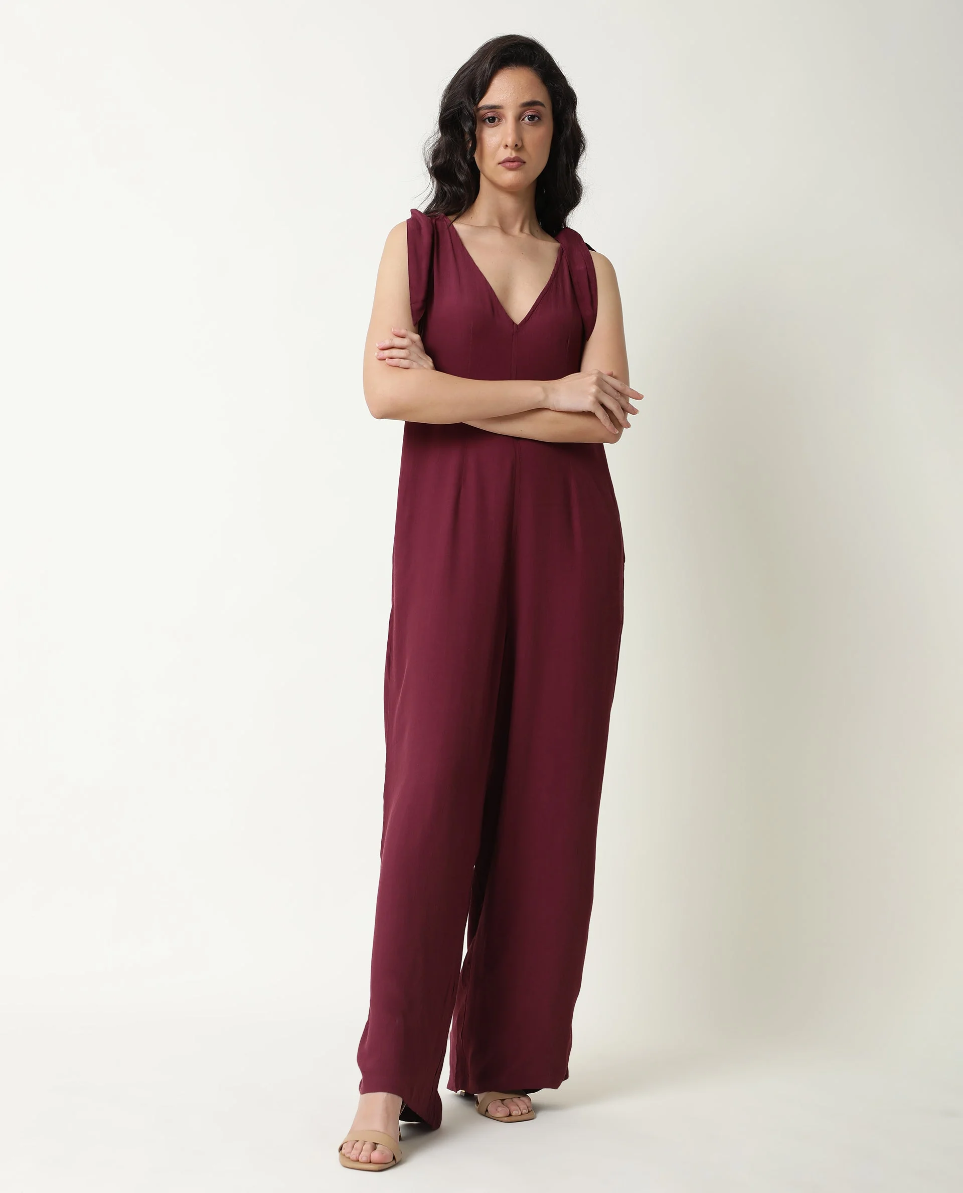 Rareism Women's Pivot Maroon Viscose V-Neck Plain Sleeveless Knee Length Tailored Jumpsuit - Image 9