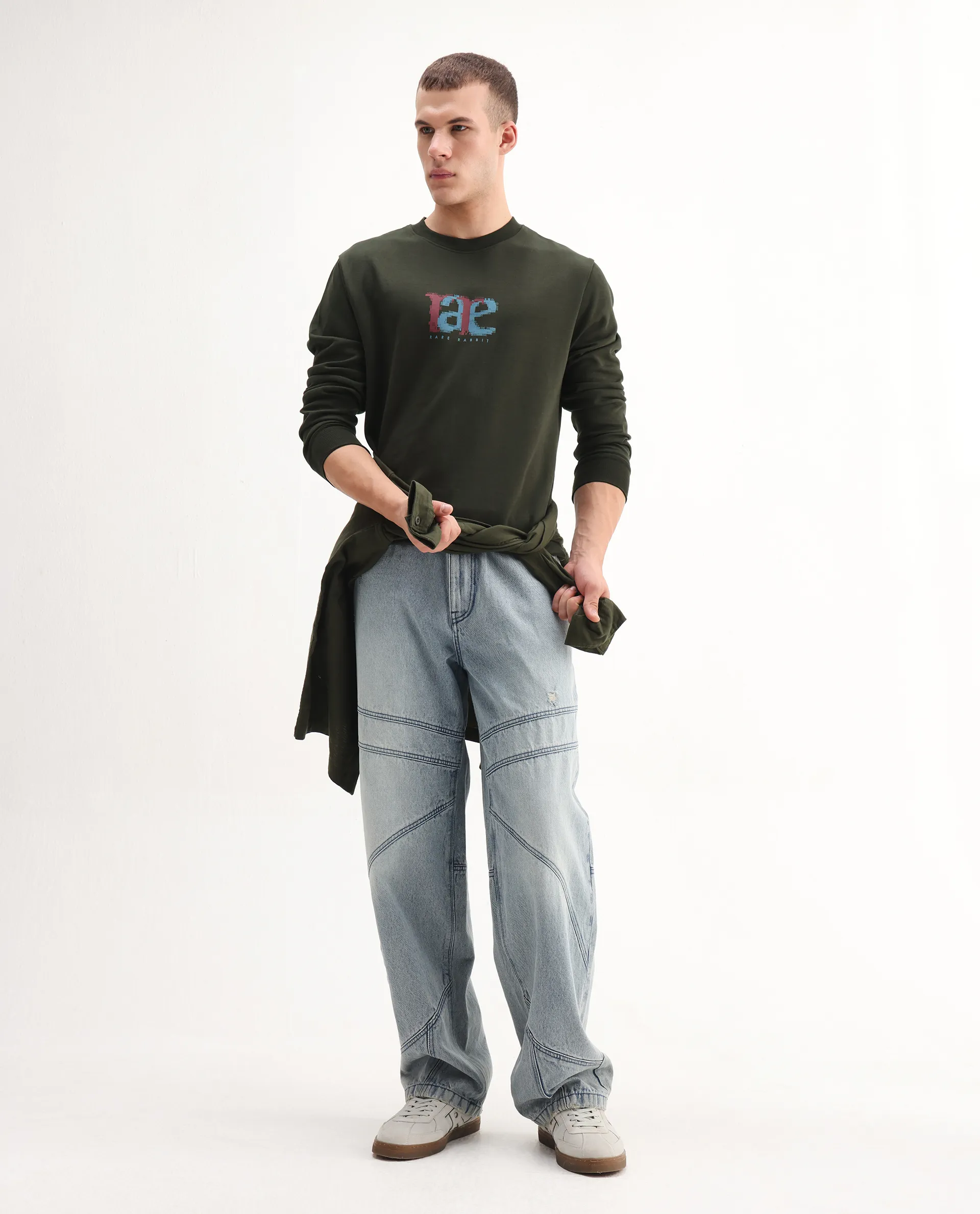 Rare Rabbit Men's Pixen Dark Olive Cotton Blend Graphic Print Regular Fit Full Sleeve Crew Neck Sweatshirt - Image 2