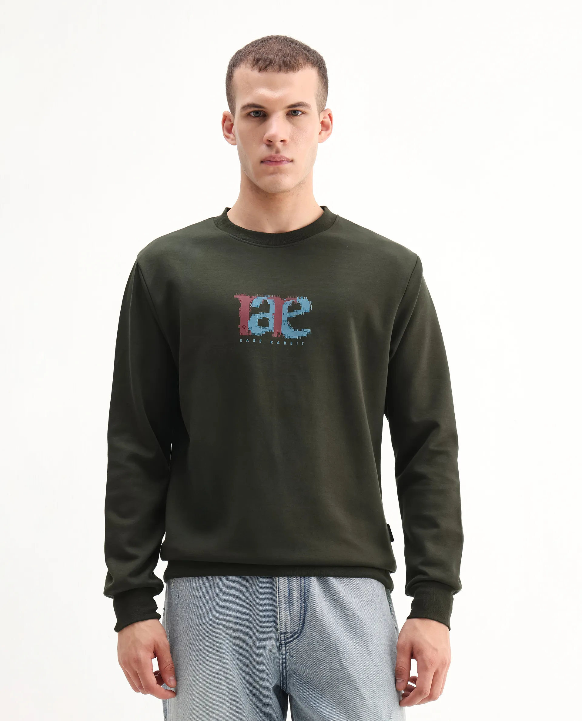 Rare Rabbit Men's Pixen Dark Olive Cotton Blend Graphic Print Regular Fit Full Sleeve Crew Neck Sweatshirt - Image 4