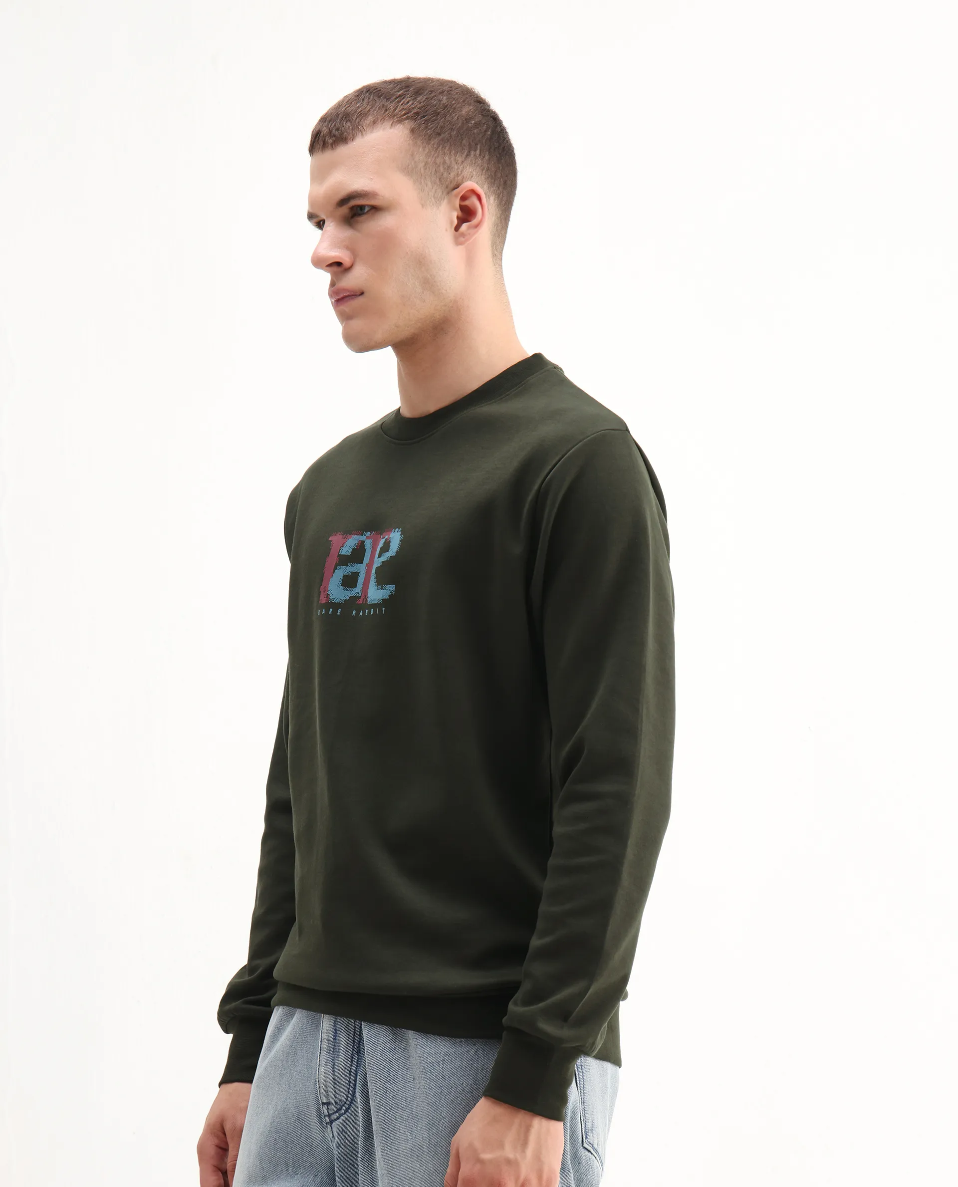 Rare Rabbit Men's Pixen Dark Olive Cotton Blend Graphic Print Regular Fit Full Sleeve Crew Neck Sweatshirt - Image 5
