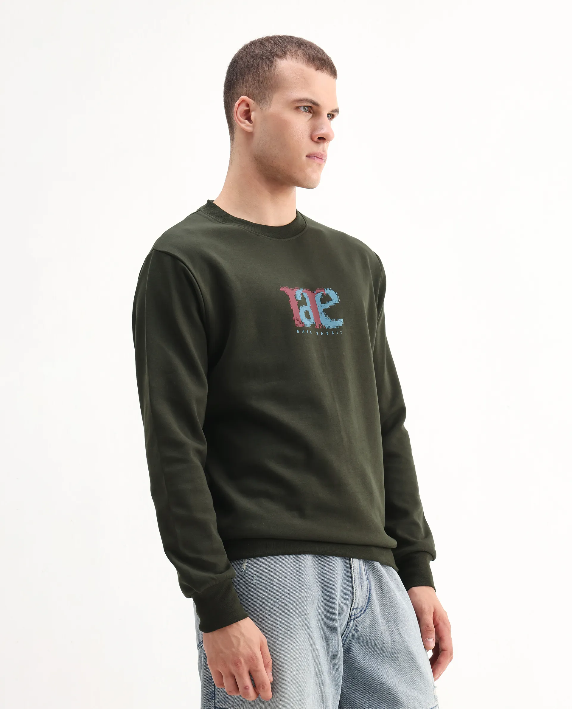 Rare Rabbit Men's Pixen Dark Olive Cotton Blend Graphic Print Regular Fit Full Sleeve Crew Neck Sweatshirt - Image 6