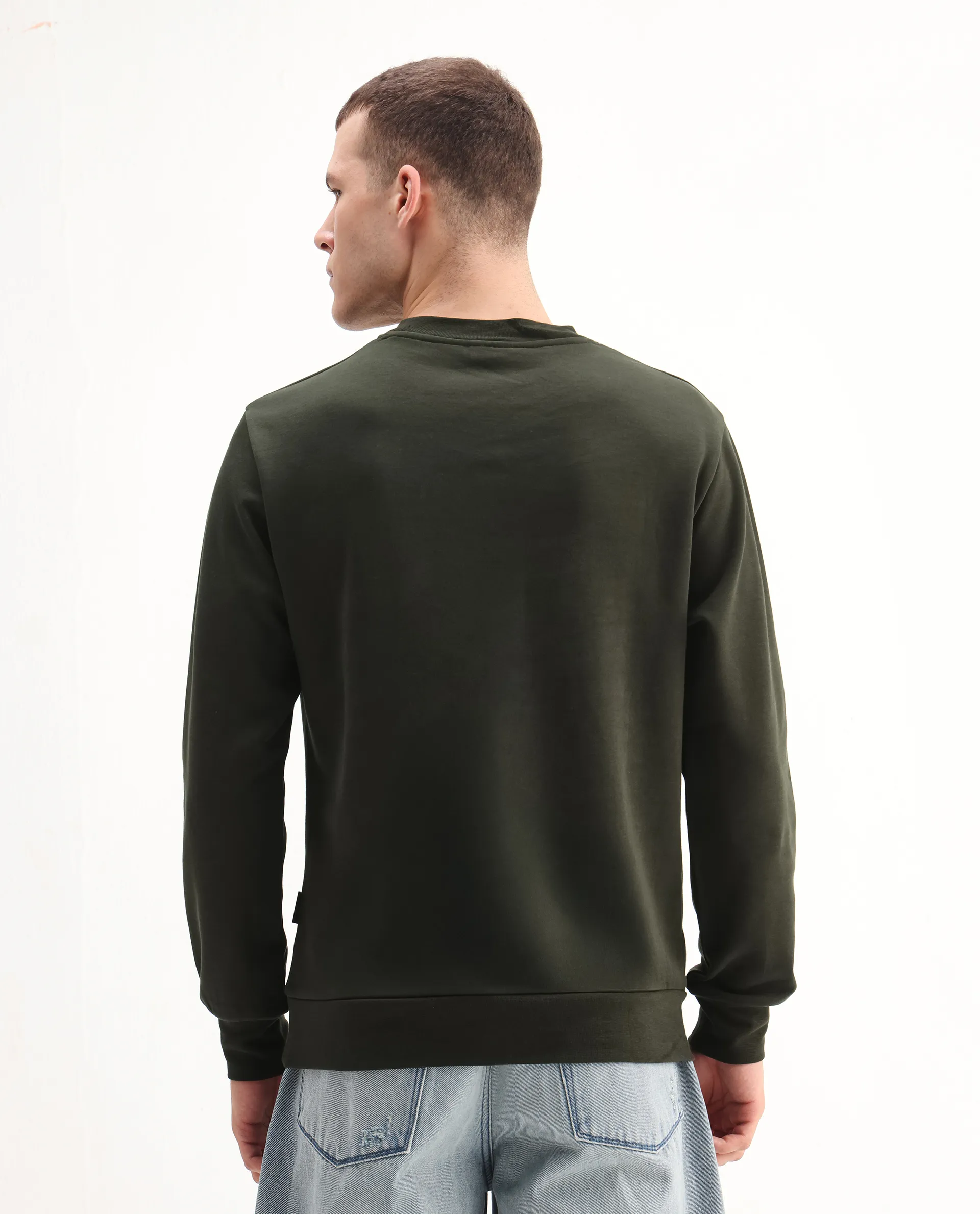 Rare Rabbit Men's Pixen Dark Olive Cotton Blend Graphic Print Regular Fit Full Sleeve Crew Neck Sweatshirt - Image 7