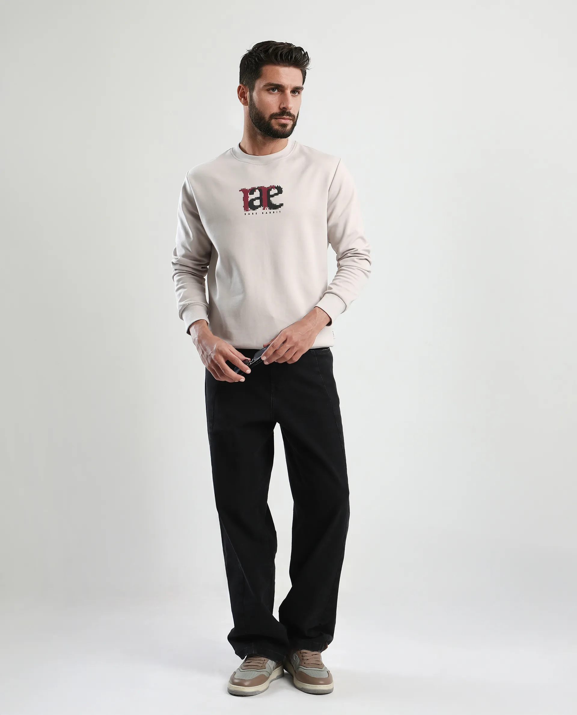 Rare Rabbit Men's Pixen Light Beige Cotton Blend Graphic Print Regular Fit Full Sleeve Crew Neck Sweatshirt - Image 2