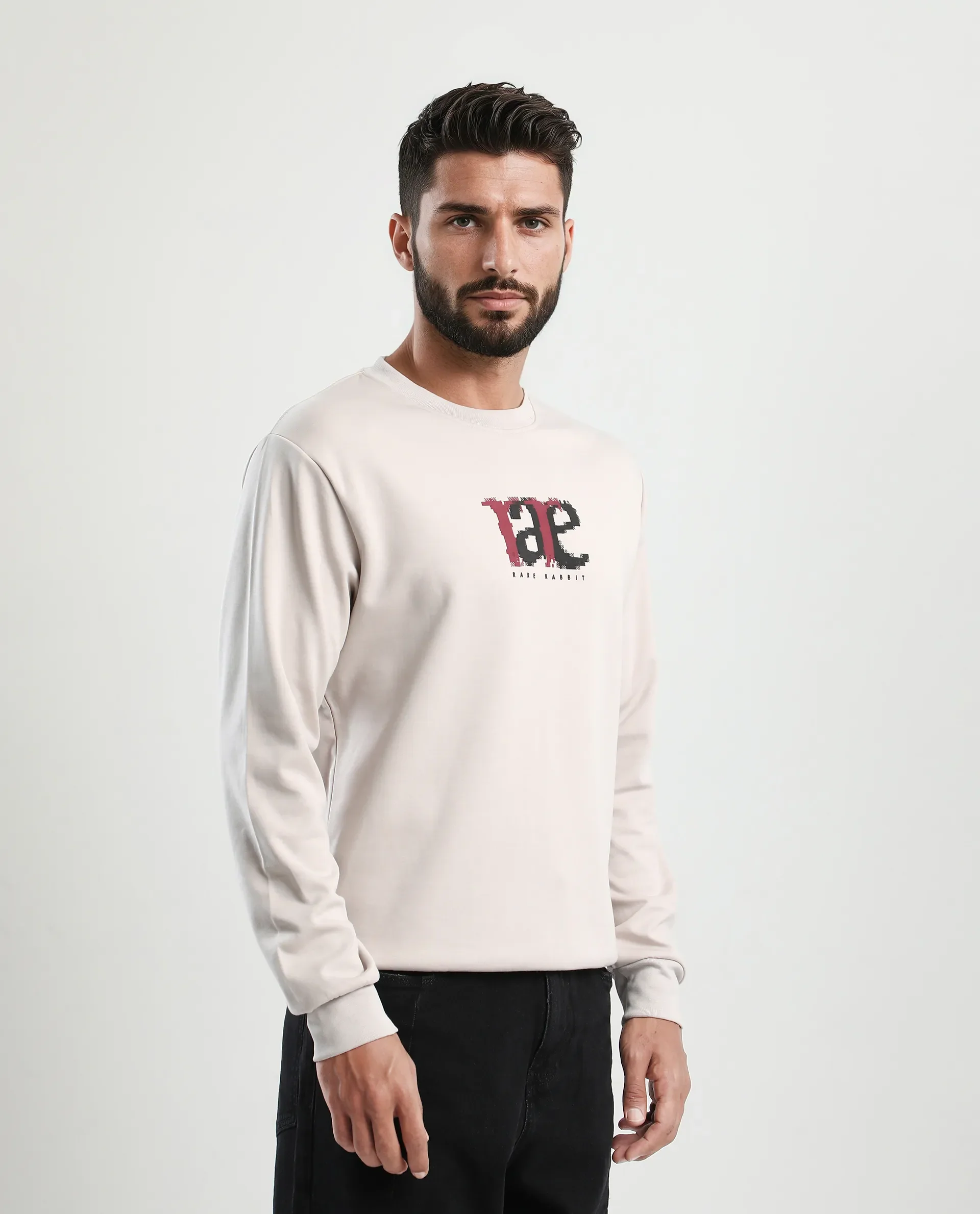 Rare Rabbit Men's Pixen Light Beige Cotton Blend Graphic Print Regular Fit Full Sleeve Crew Neck Sweatshirt - Image 7