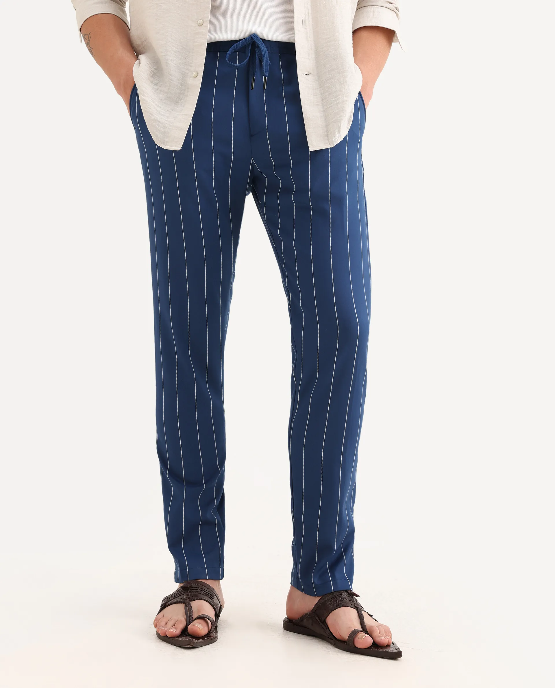 Rare Rabbit Men's Pixie Dark Blue Polyester Striped Print Regular Fit Trouser - Image 2