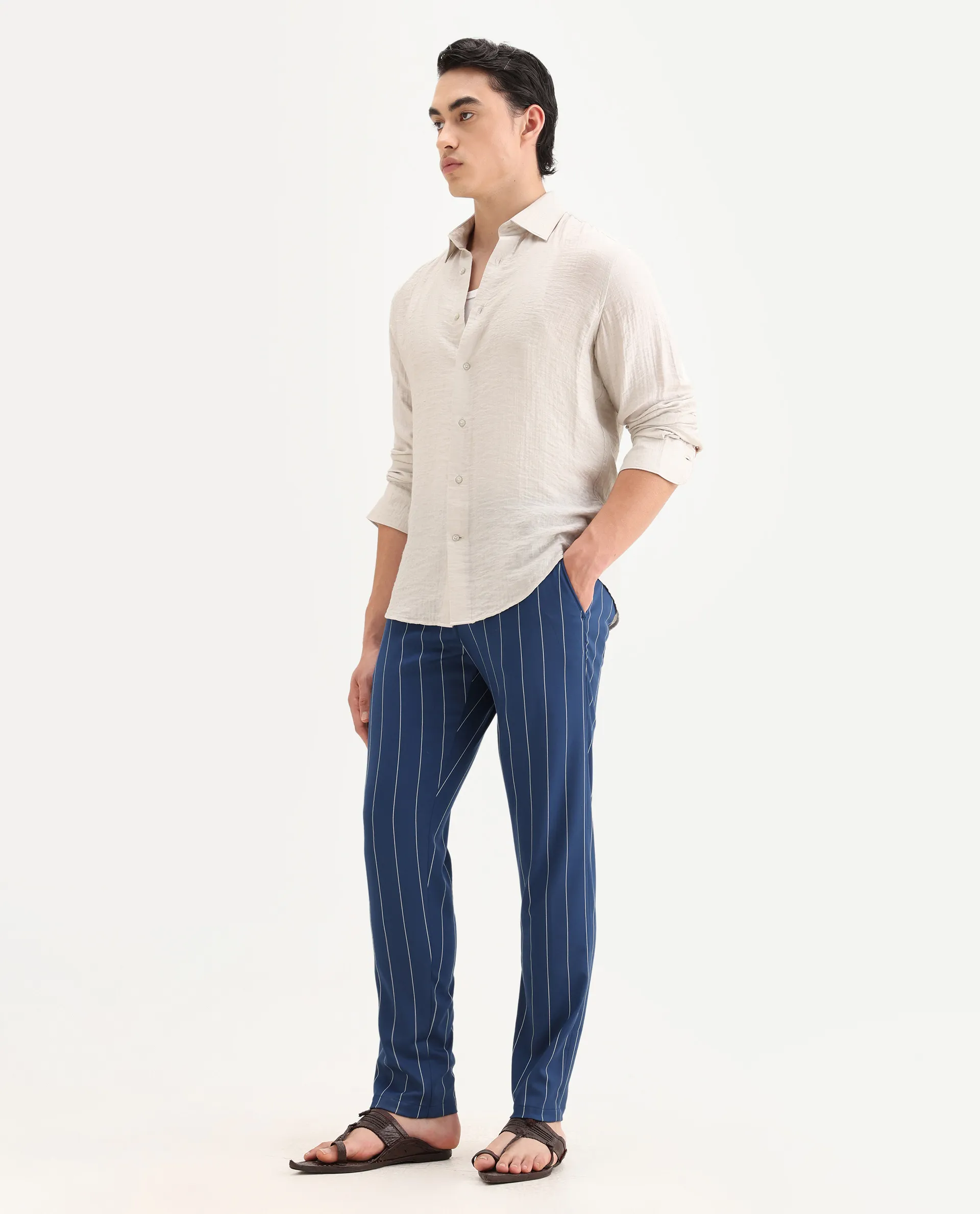 Rare Rabbit Men's Pixie Dark Blue Polyester Striped Print Regular Fit Trouser - Image 5