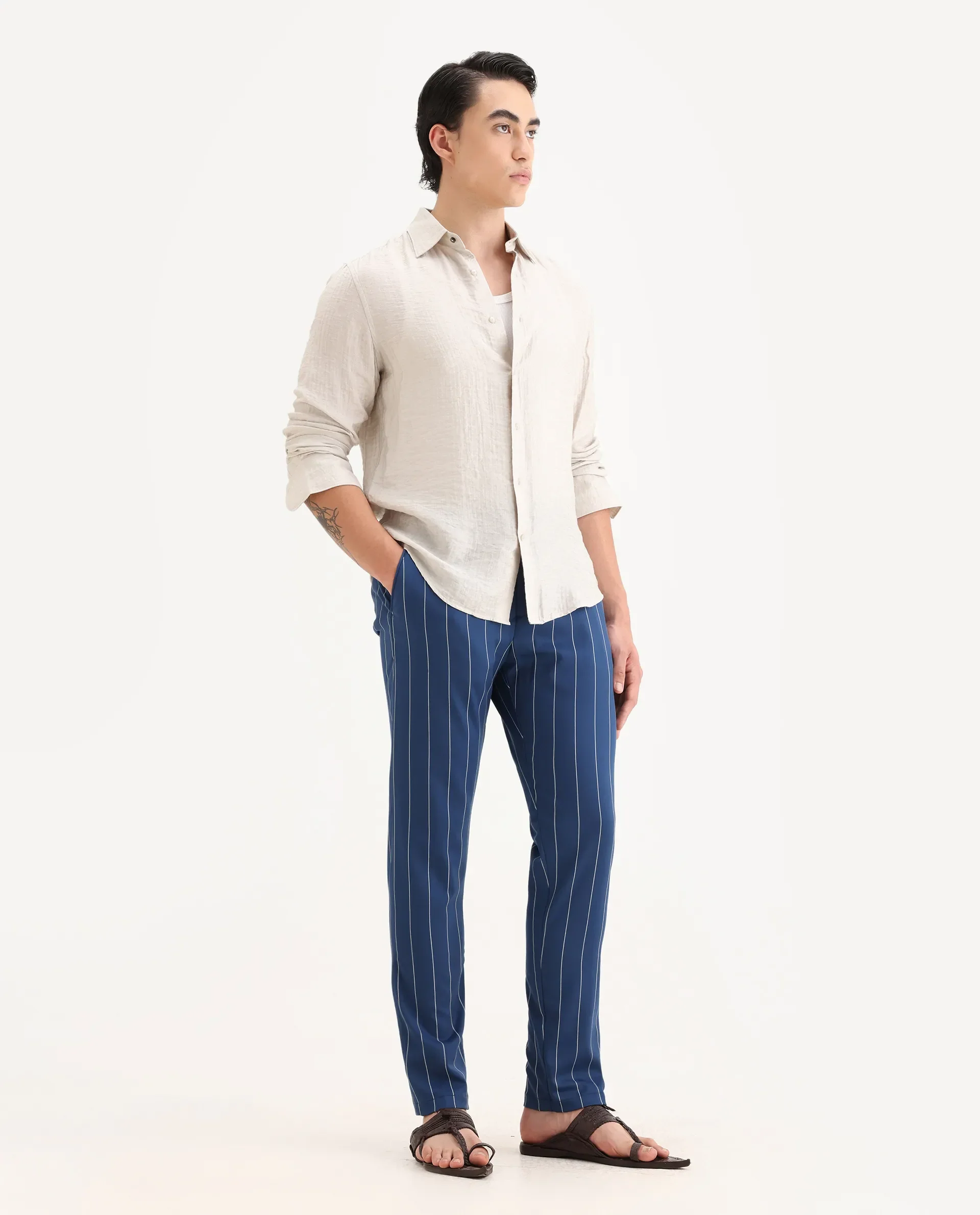 Rare Rabbit Men's Pixie Dark Blue Polyester Striped Print Regular Fit Trouser - Image 6