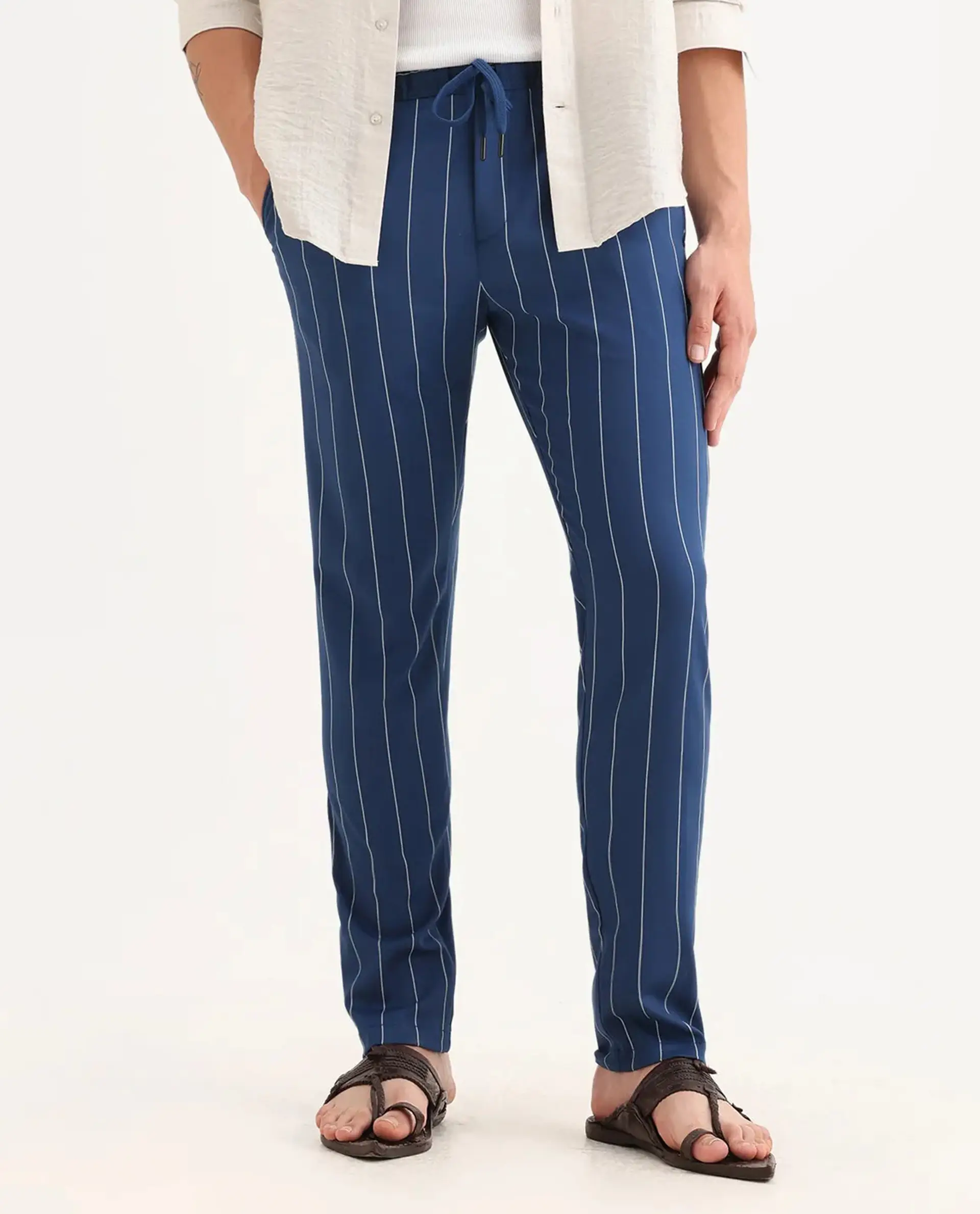 Rare Rabbit Men's Pixie Dark Blue Polyester Striped Print Regular Fit Trouser - Image 9