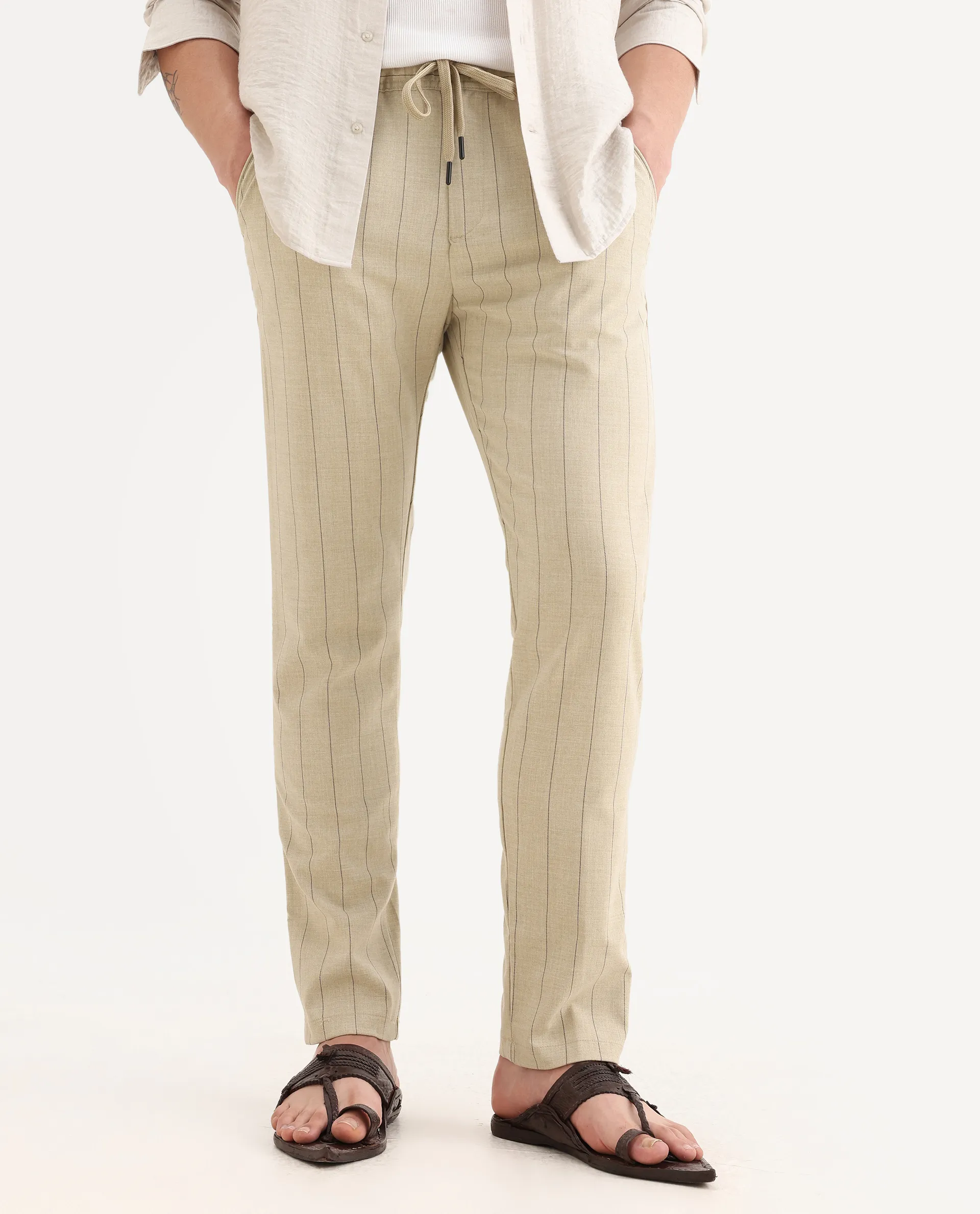 Rare Rabbit Men's Pixie Light Beige Polyester Striped Print Regular Fit Trouser - Image 2