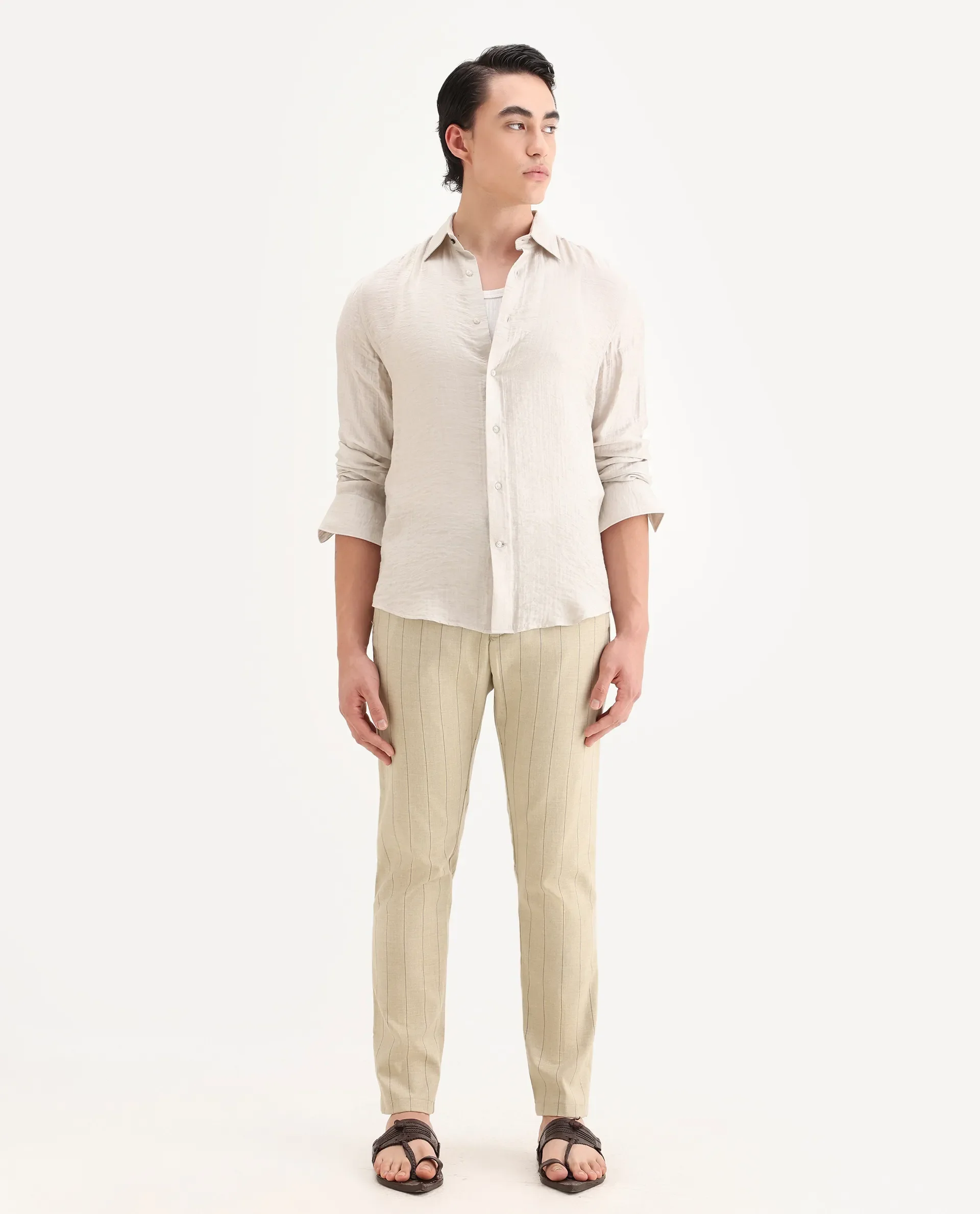 Rare Rabbit Men's Pixie Light Beige Polyester Striped Print Regular Fit Trouser - Image 4