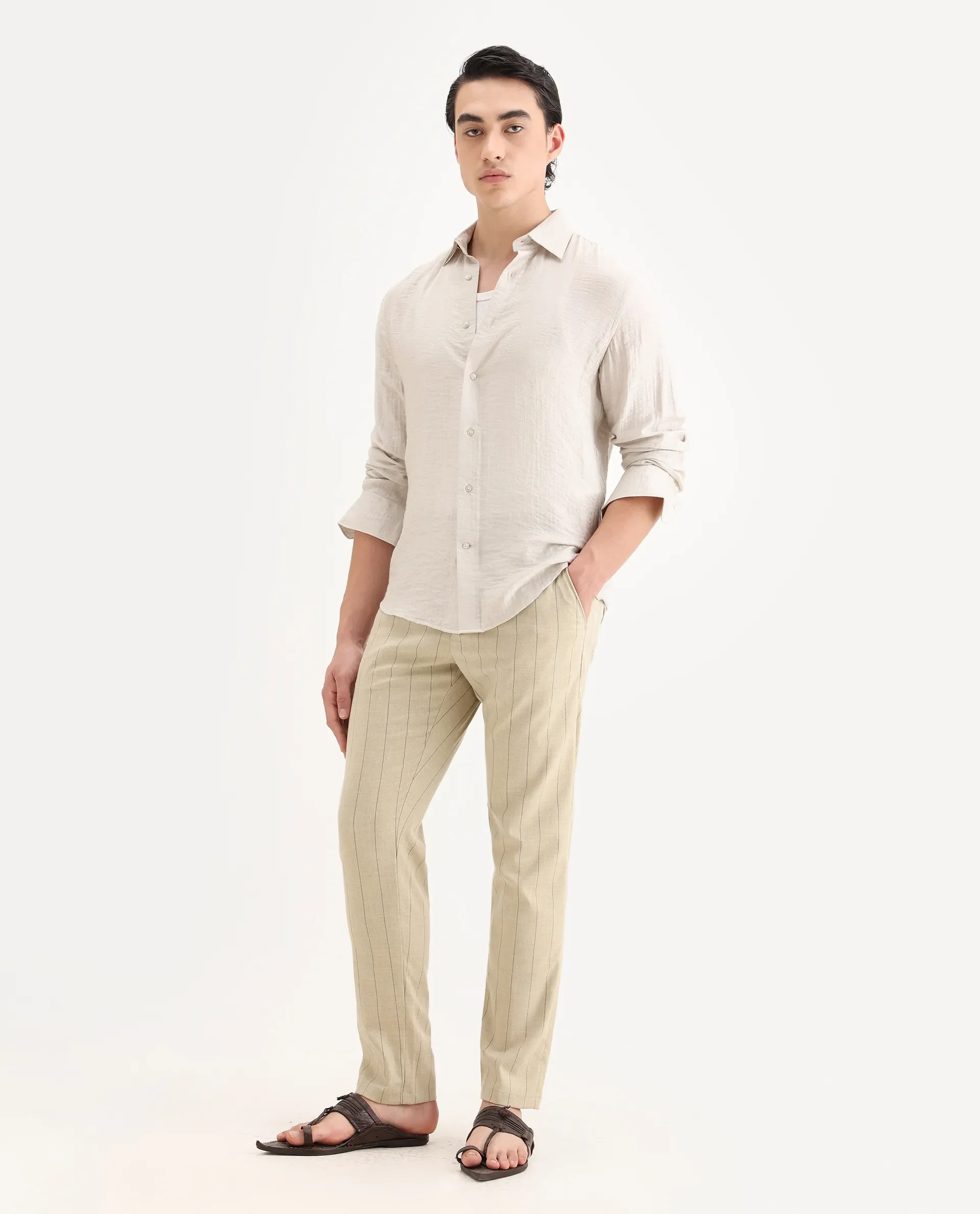 Rare Rabbit Men's Pixie Light Beige Polyester Striped Print Regular Fit Trouser - Image 5