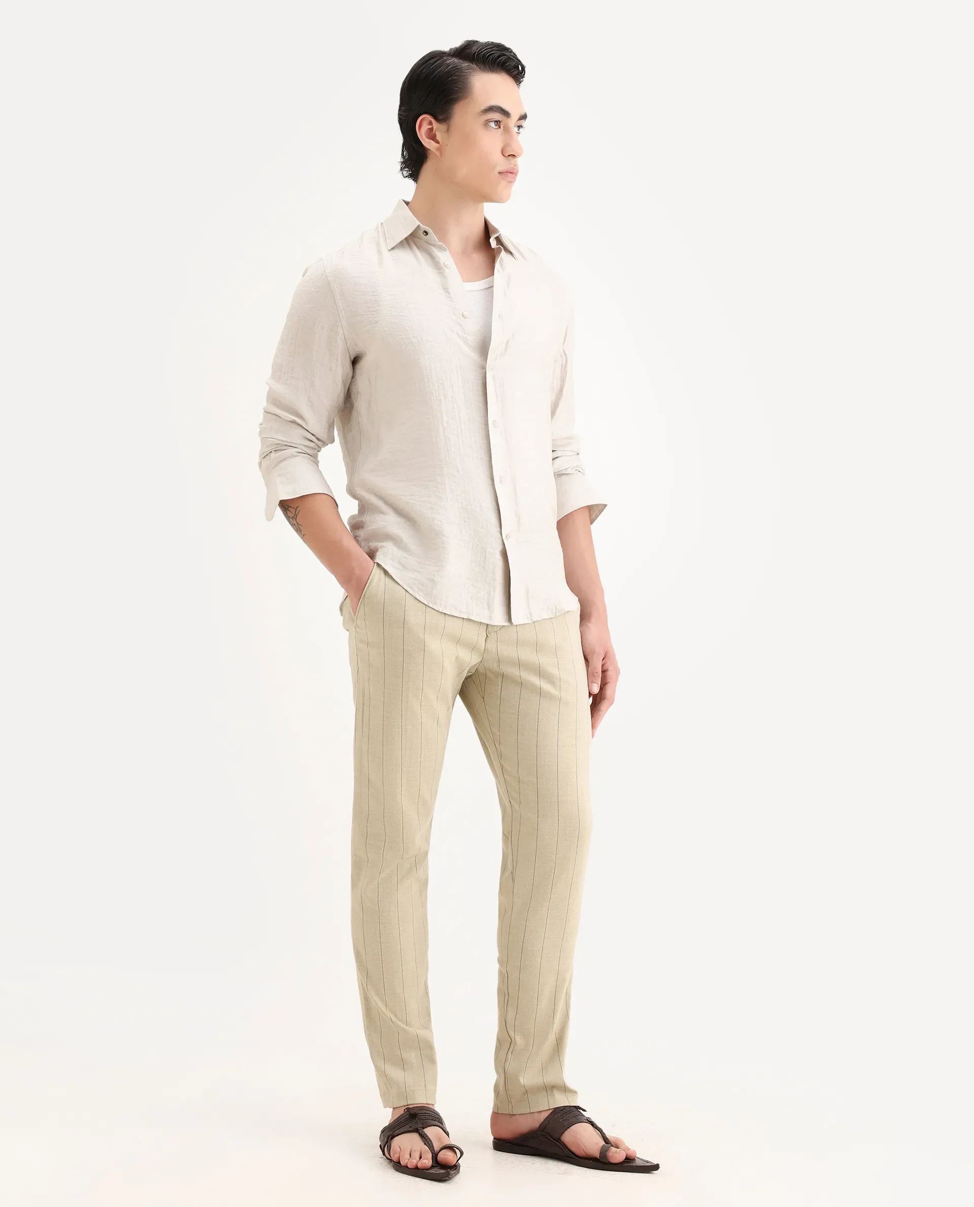 Rare Rabbit Men's Pixie Light Beige Polyester Striped Print Regular Fit Trouser - Image 6