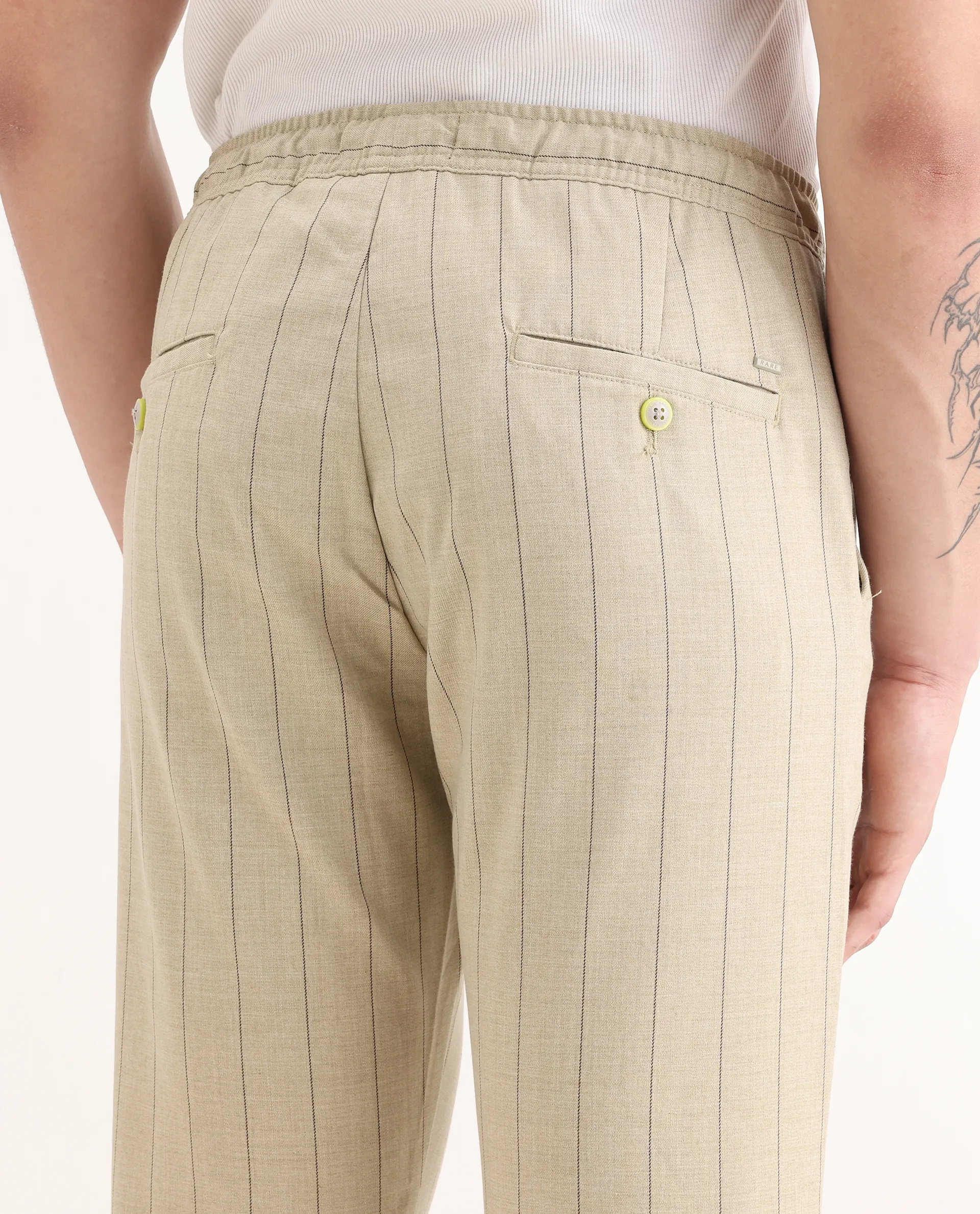Rare Rabbit Men's Pixie Light Beige Polyester Striped Print Regular Fit Trouser - Image 7