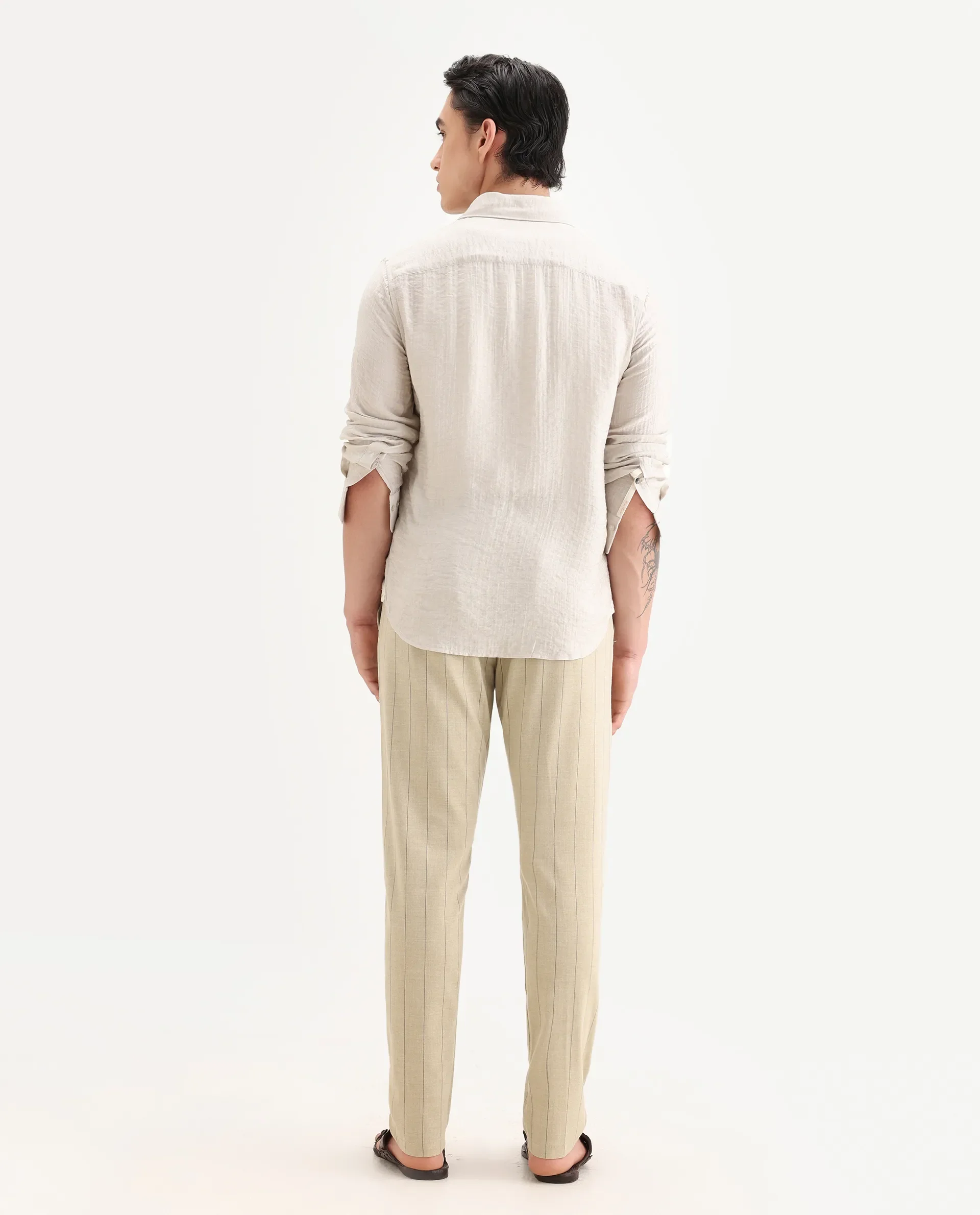 Rare Rabbit Men's Pixie Light Beige Polyester Striped Print Regular Fit Trouser - Image 8