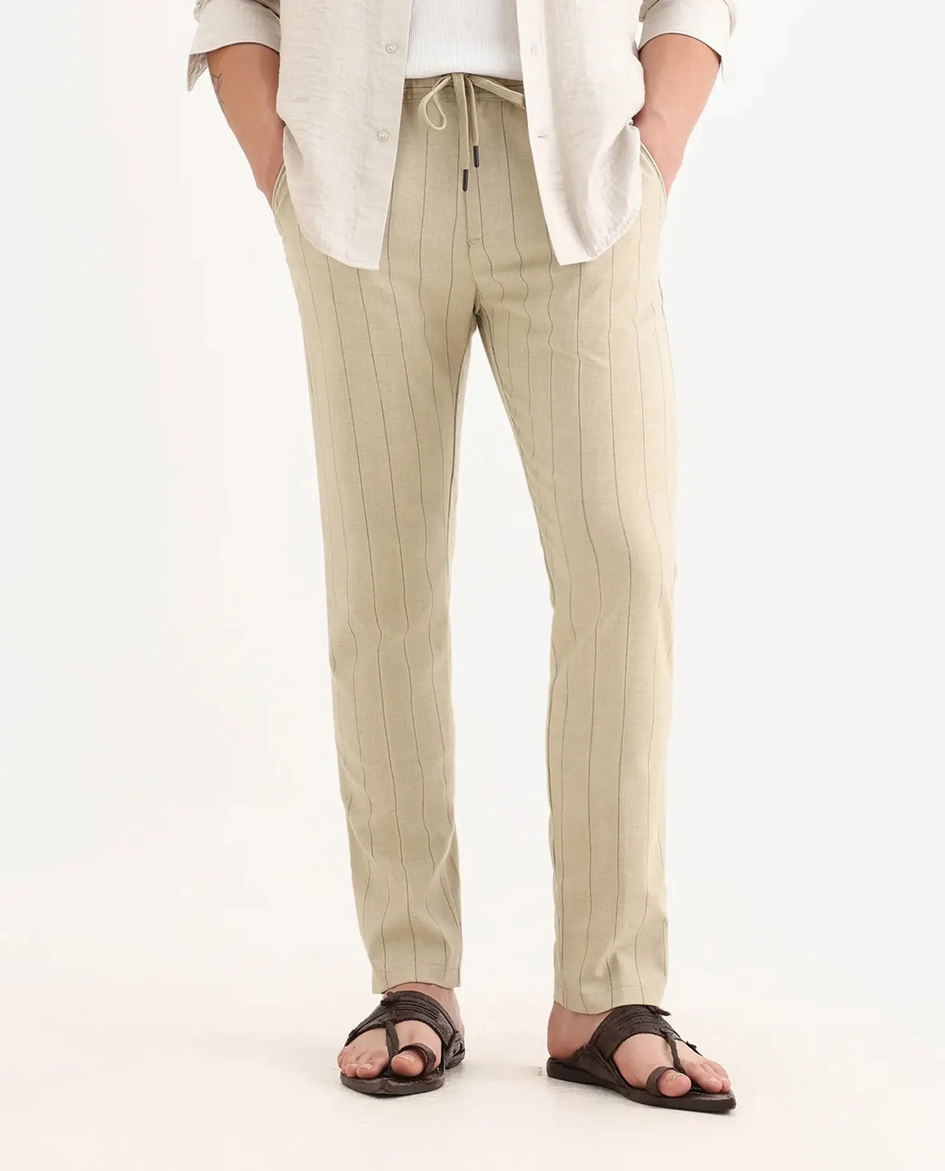 Rare Rabbit Men's Pixie Light Beige Polyester Striped Print Regular Fit Trouser - Image 9
