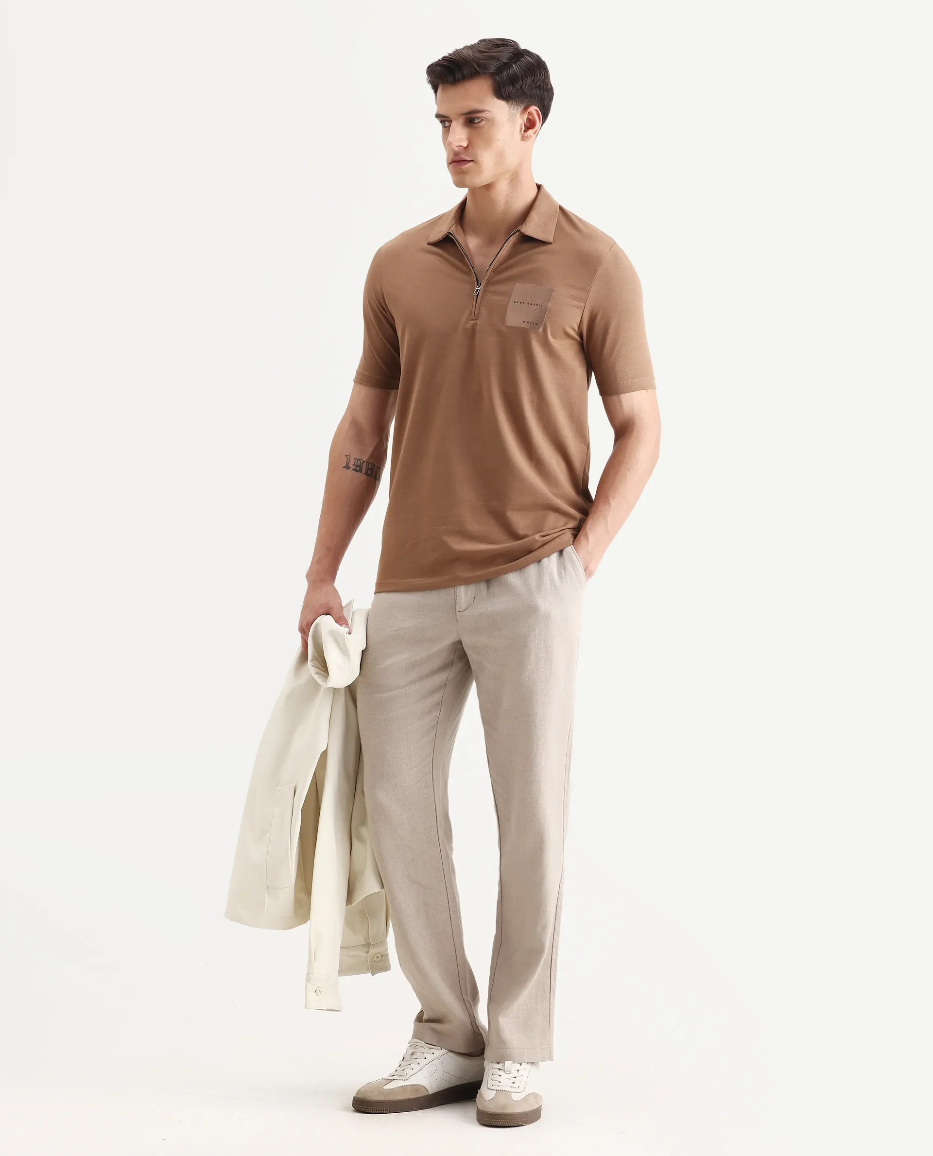 Rare Rabbit Men's Plad Beige Cotton Blend Plain Regular Fit Half Sleeve Polo - Image 2