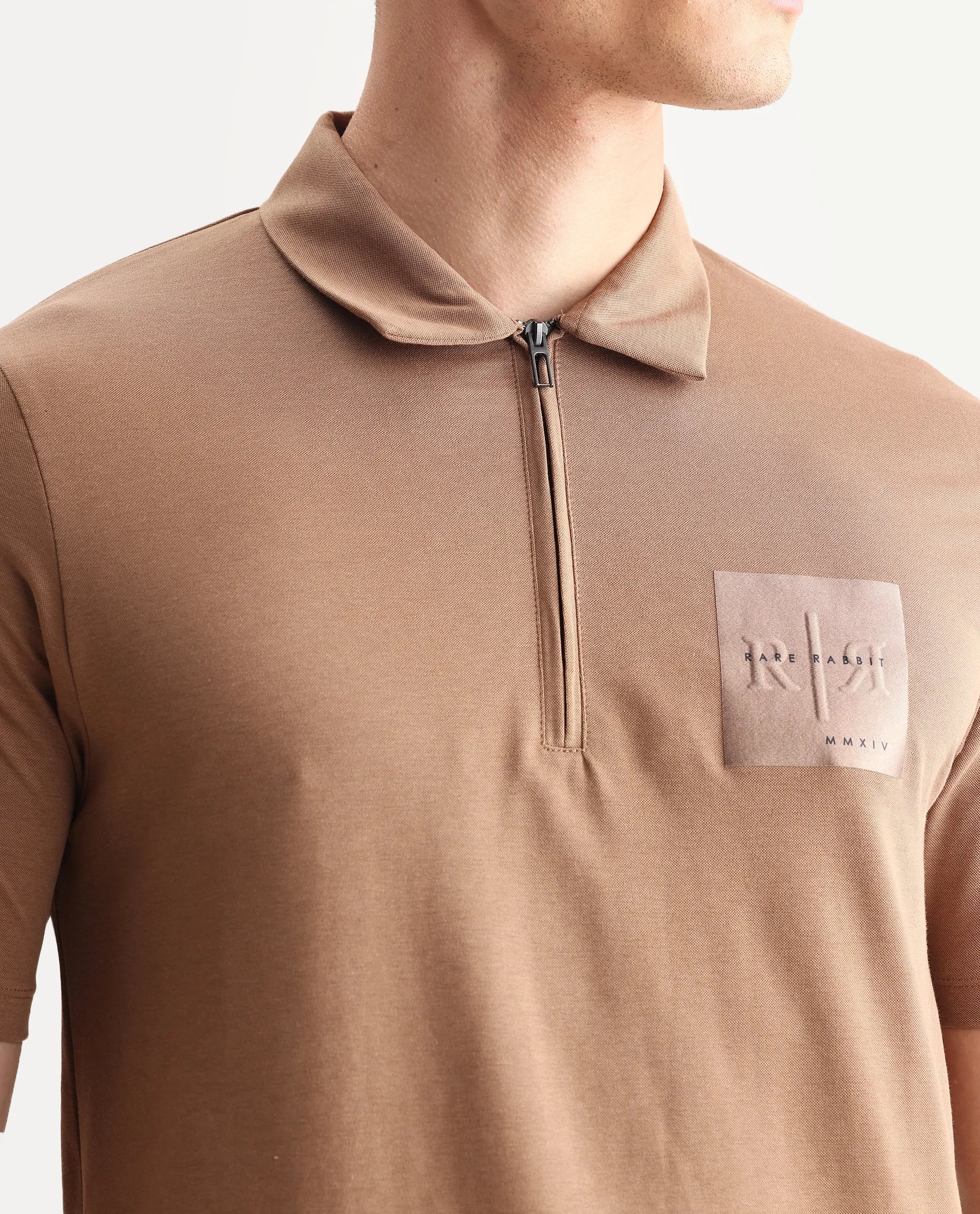 Rare Rabbit Men's Plad Beige Cotton Blend Plain Regular Fit Half Sleeve Polo - Image 3