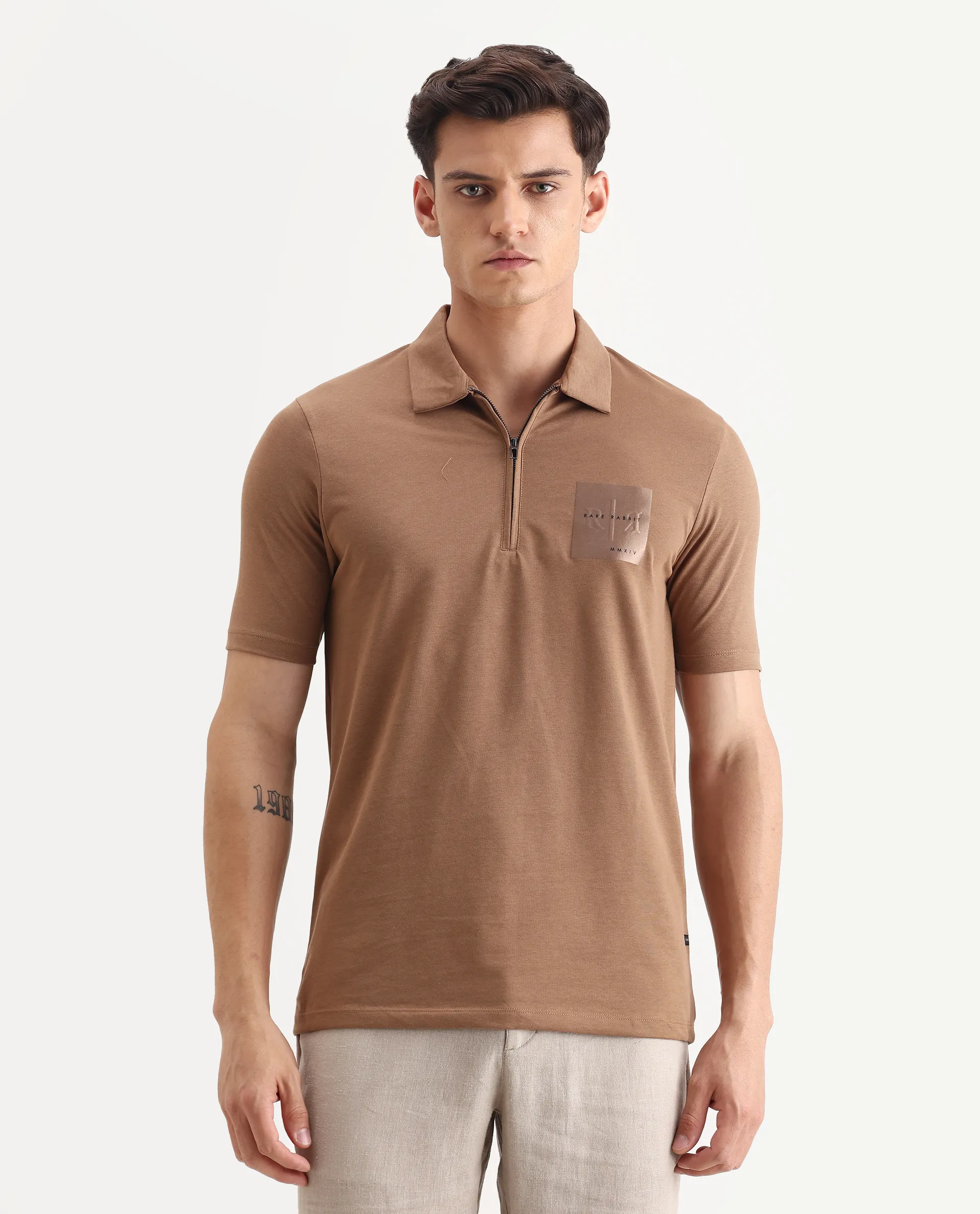 Rare Rabbit Men's Plad Beige Cotton Blend Plain Regular Fit Half Sleeve Polo - Image 4