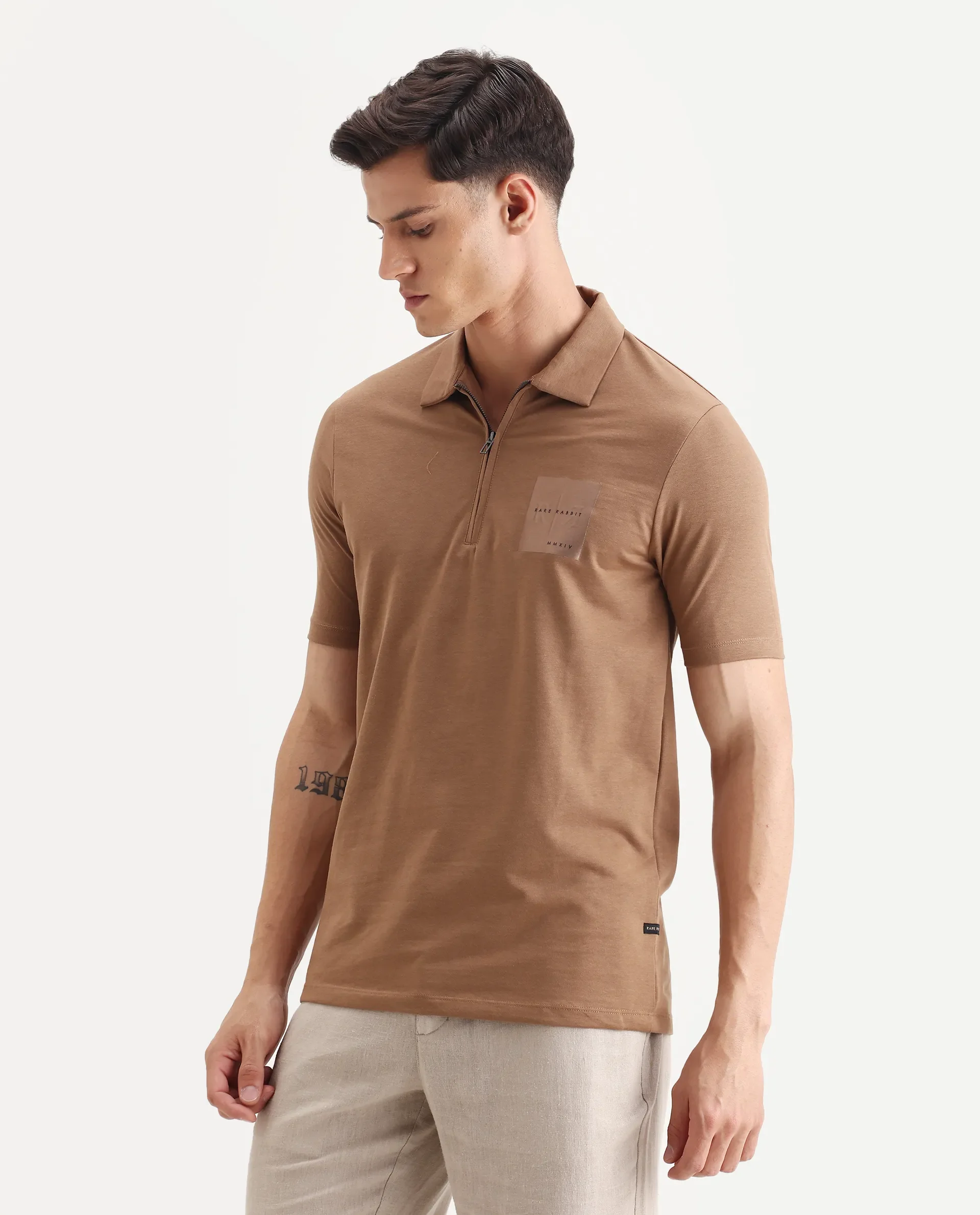 Rare Rabbit Men's Plad Beige Cotton Blend Plain Regular Fit Half Sleeve Polo - Image 5