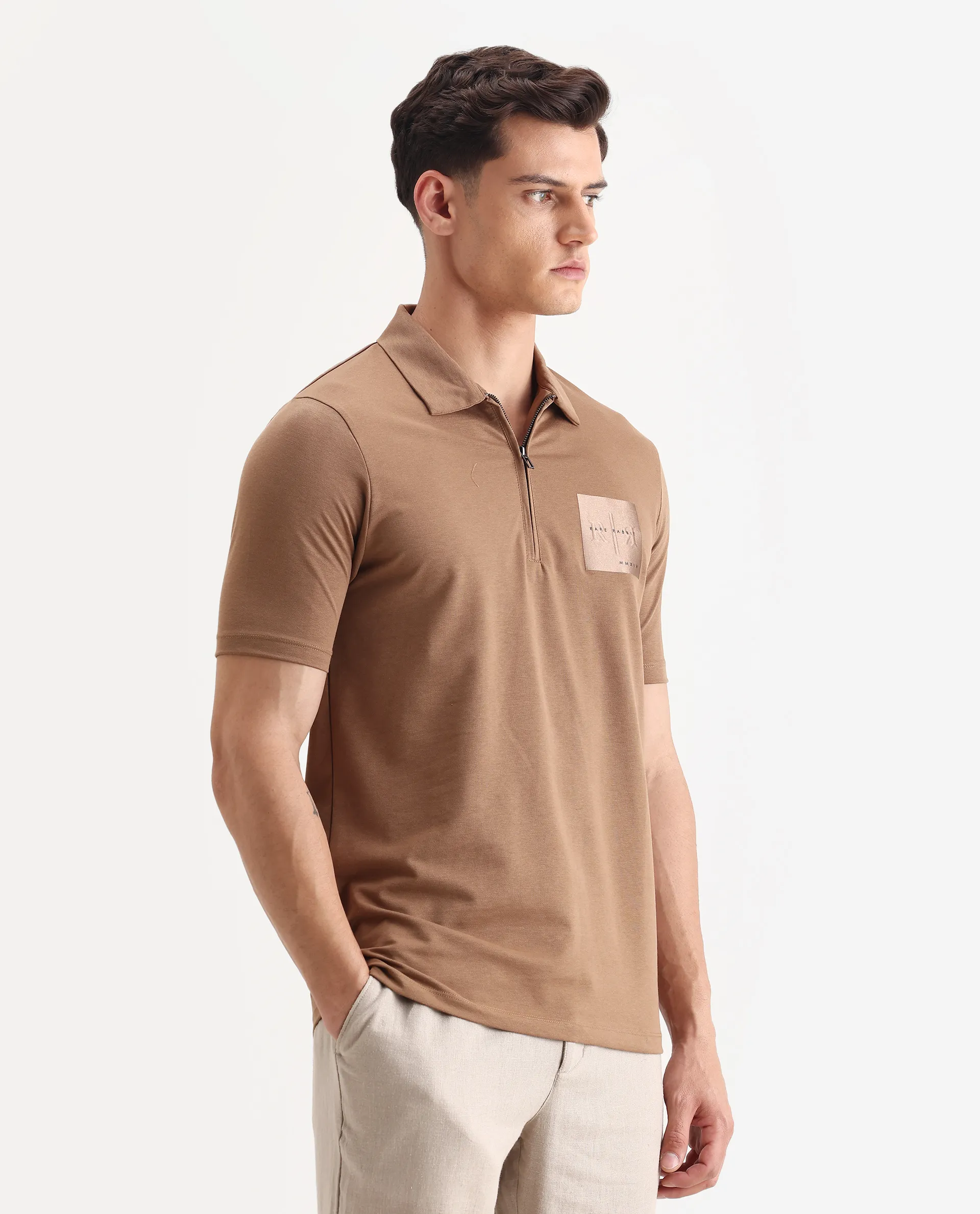 Rare Rabbit Men's Plad Beige Cotton Blend Plain Regular Fit Half Sleeve Polo - Image 6