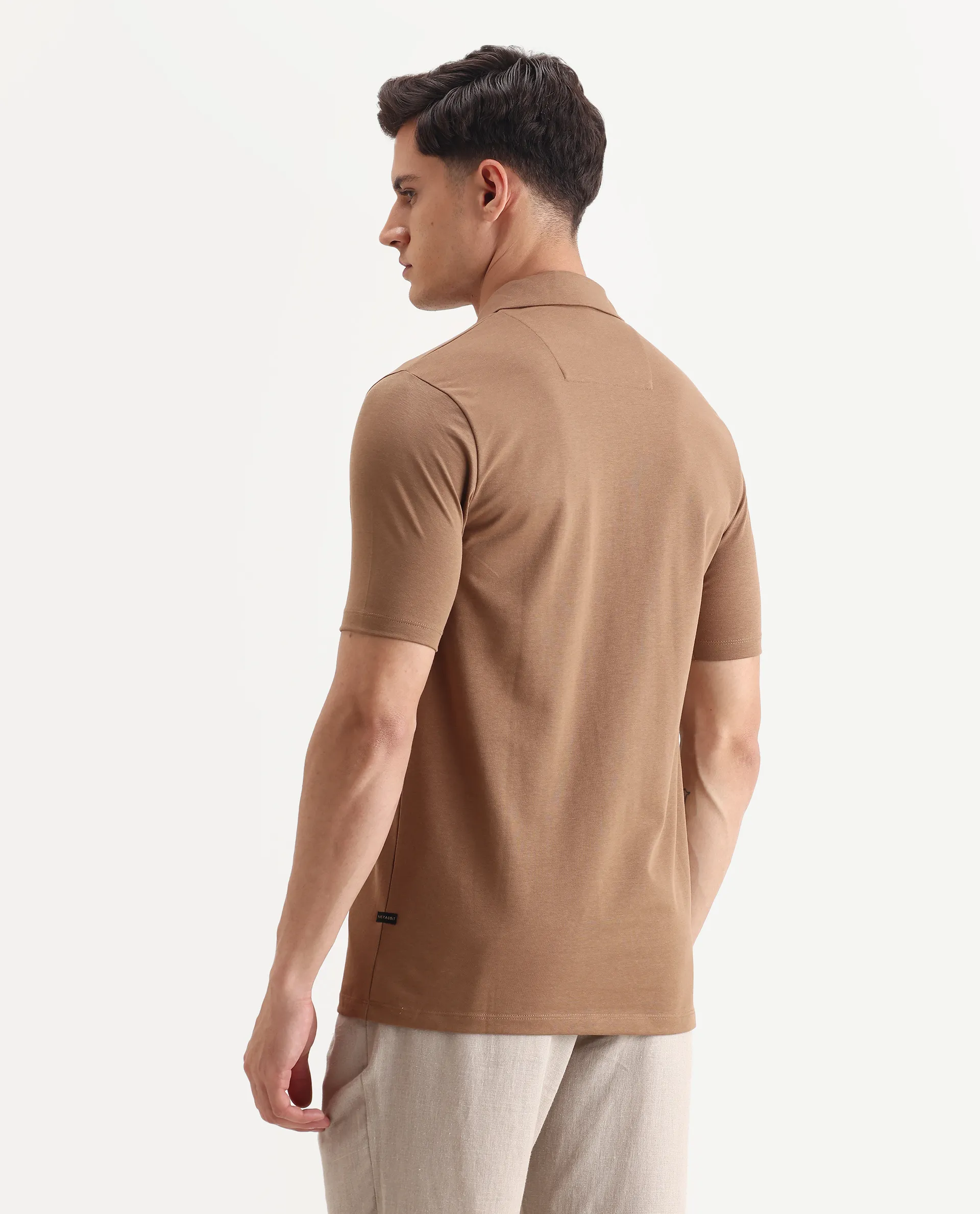 Rare Rabbit Men's Plad Beige Cotton Blend Plain Regular Fit Half Sleeve Polo - Image 7