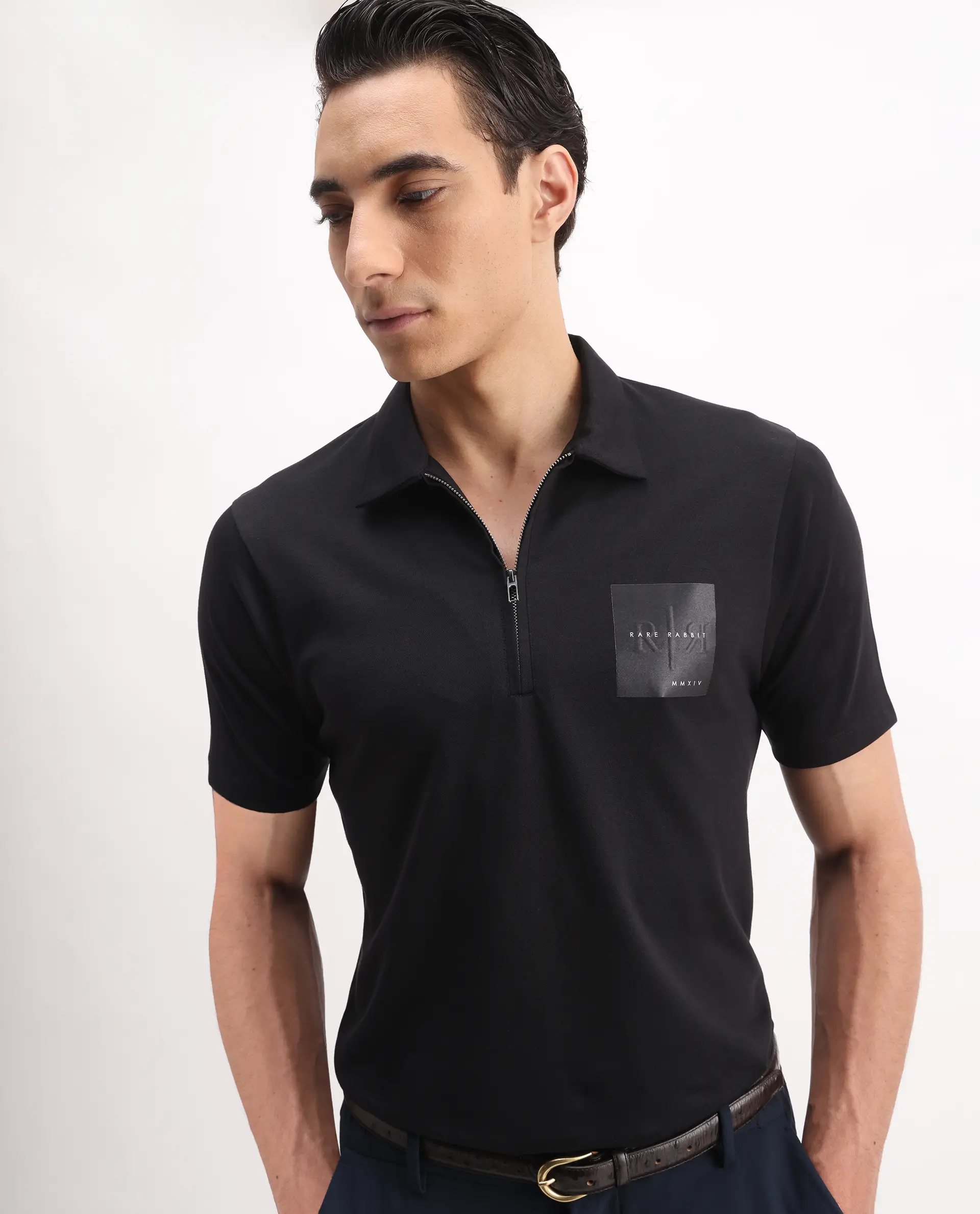Rare Rabbit Men's Plad Black Cotton Blend Plain Regular Fit Half Sleeve Polo