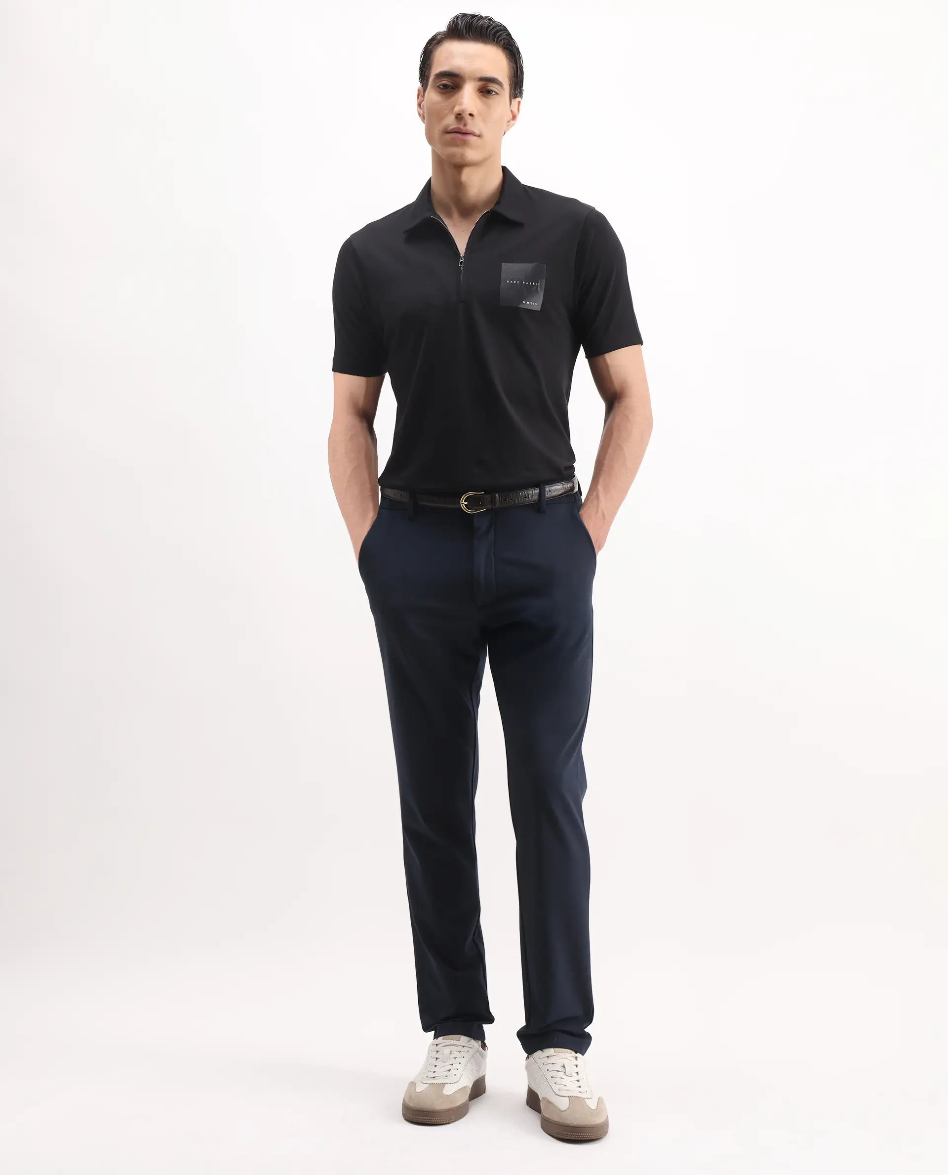 Rare Rabbit Men's Plad Black Cotton Blend Plain Regular Fit Half Sleeve Polo - Image 2