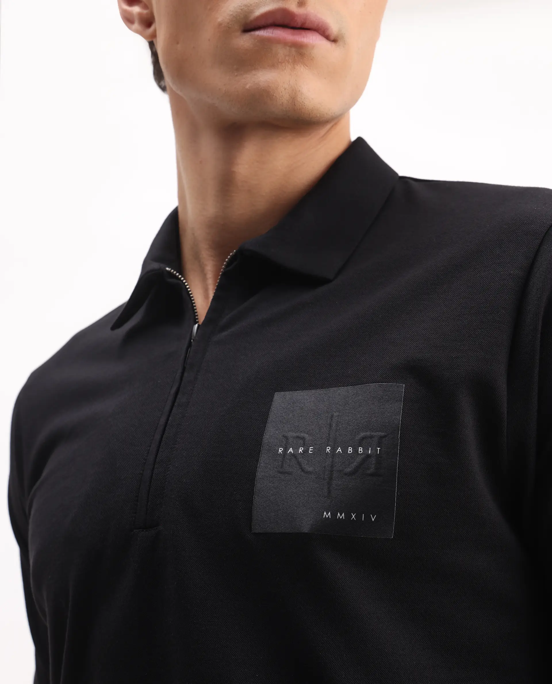 Rare Rabbit Men's Plad Black Cotton Blend Plain Regular Fit Half Sleeve Polo - Image 3