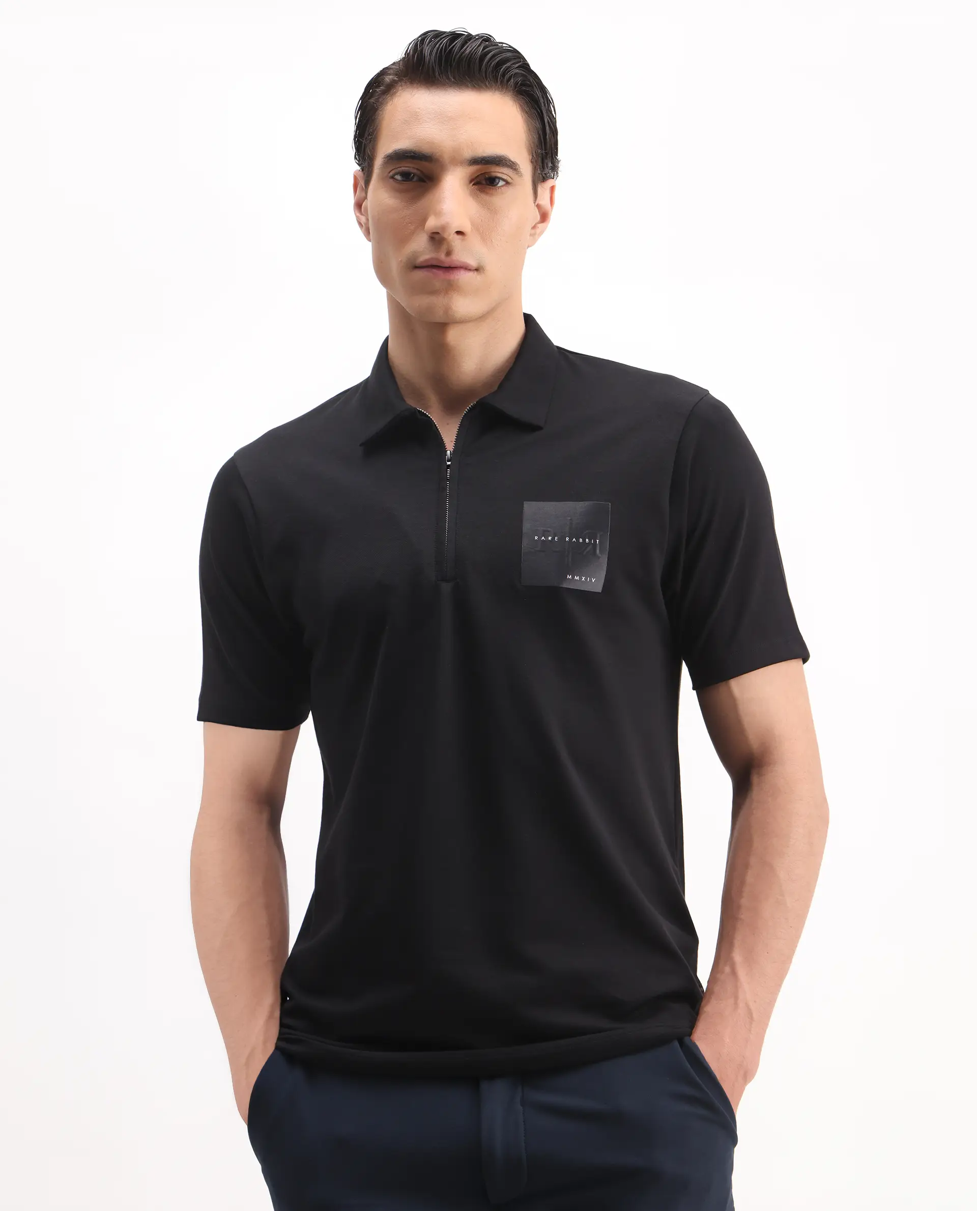 Rare Rabbit Men's Plad Black Cotton Blend Plain Regular Fit Half Sleeve Polo - Image 4