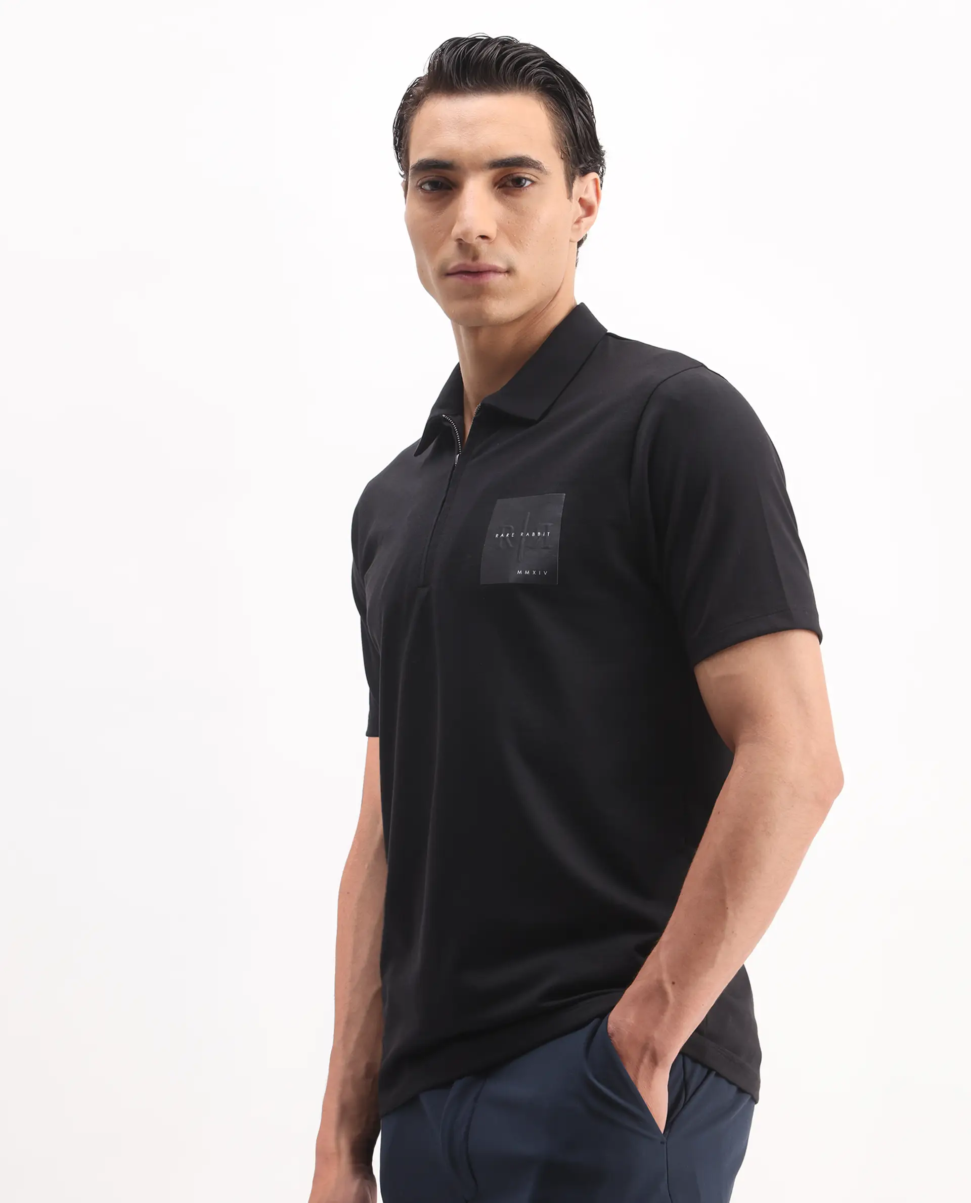 Rare Rabbit Men's Plad Black Cotton Blend Plain Regular Fit Half Sleeve Polo - Image 5