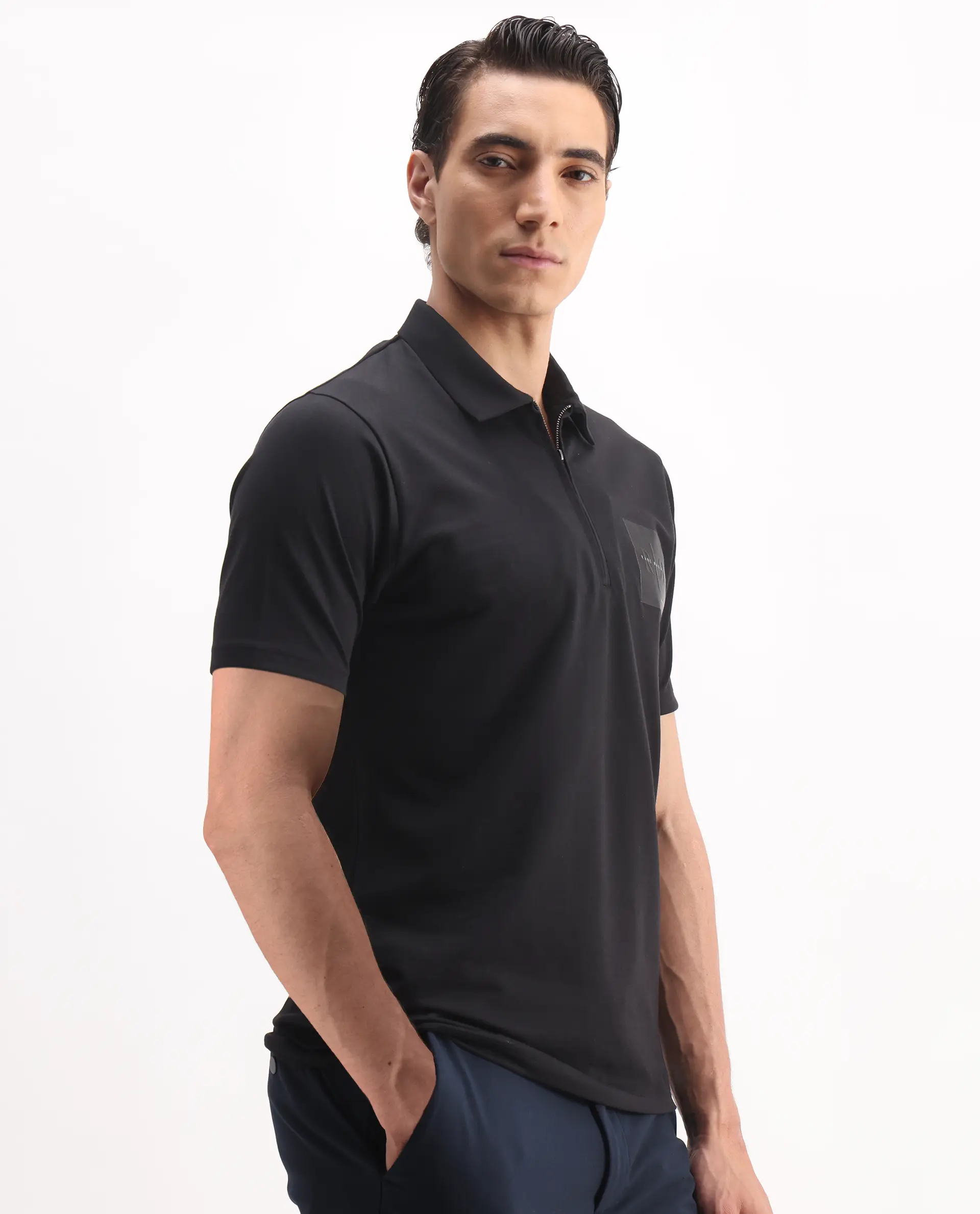 Rare Rabbit Men's Plad Black Cotton Blend Plain Regular Fit Half Sleeve Polo - Image 6