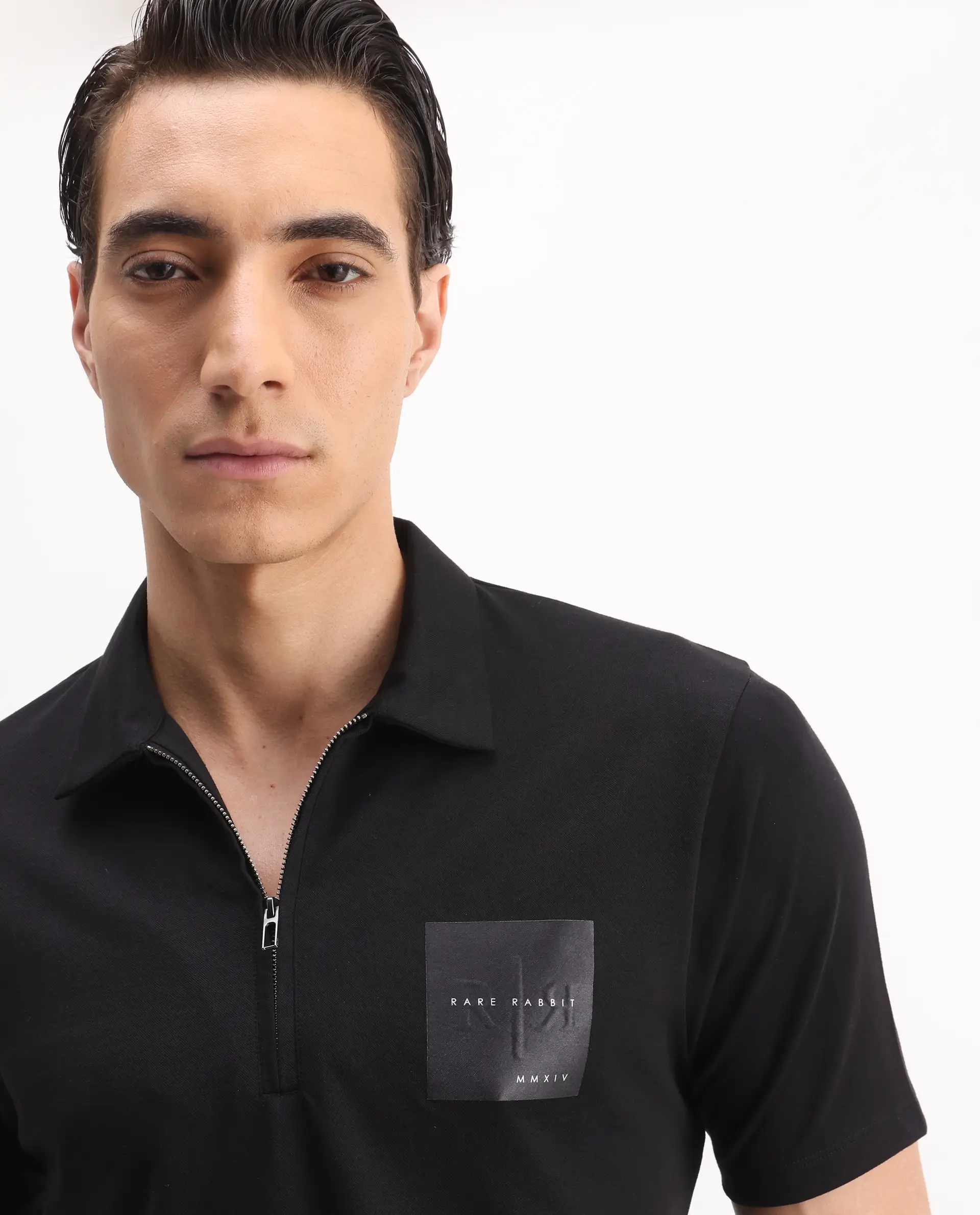 Rare Rabbit Men's Plad Black Cotton Blend Plain Regular Fit Half Sleeve Polo - Image 7