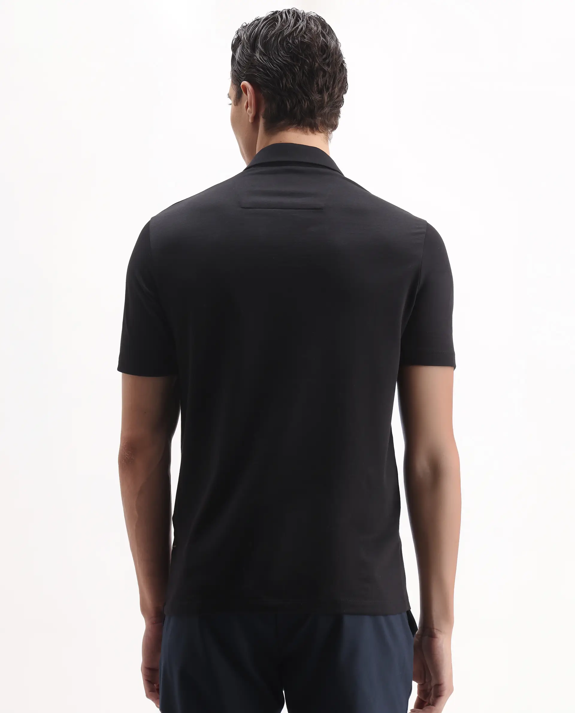 Rare Rabbit Men's Plad Black Cotton Blend Plain Regular Fit Half Sleeve Polo - Image 8
