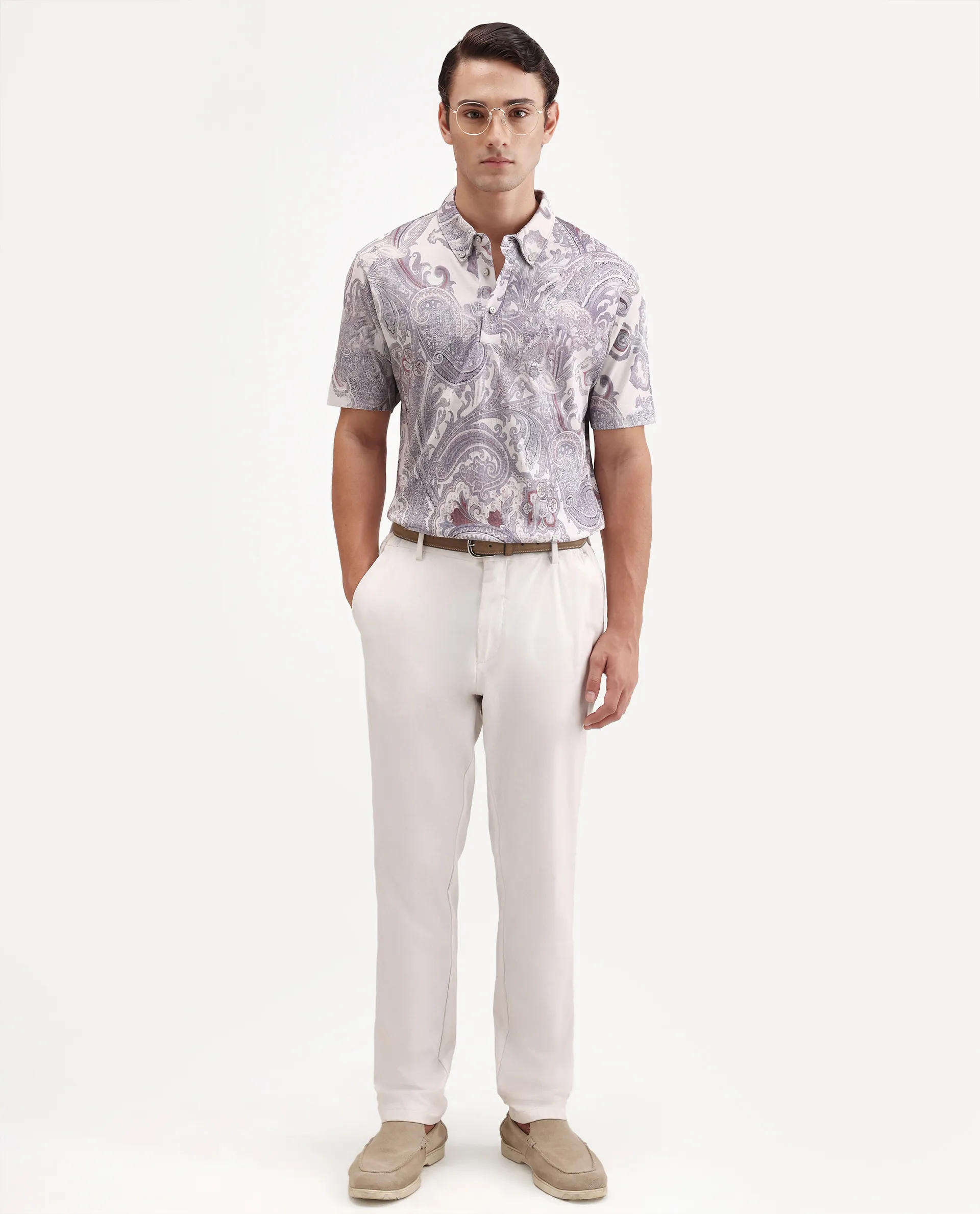 Rare Rabbit Men's Plais White Cotton Fabric Half Sleeve Spread Collar Regular Fit Paisley Polo - Image 2