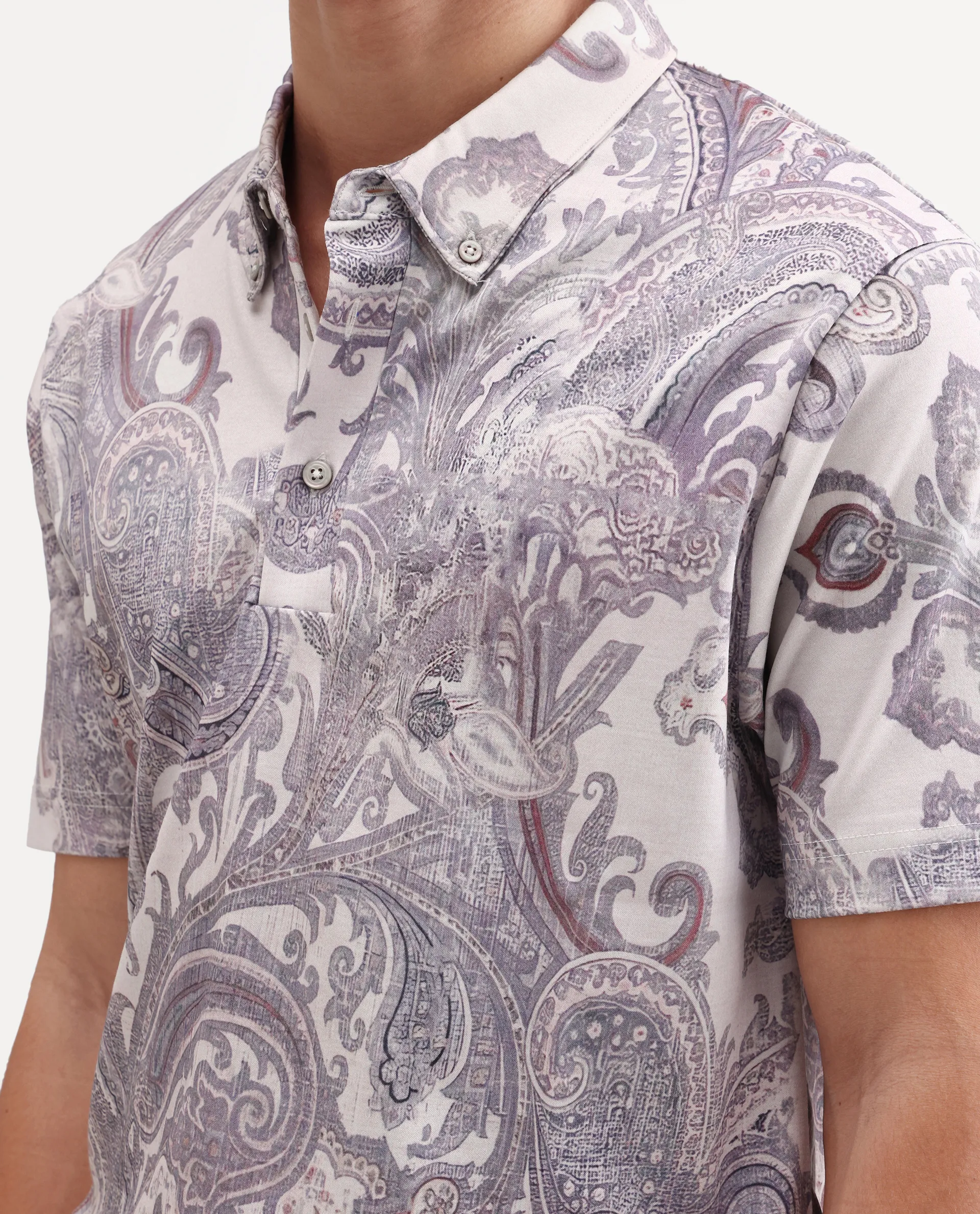 Rare Rabbit Men's Plais White Cotton Fabric Half Sleeve Spread Collar Regular Fit Paisley Polo - Image 4
